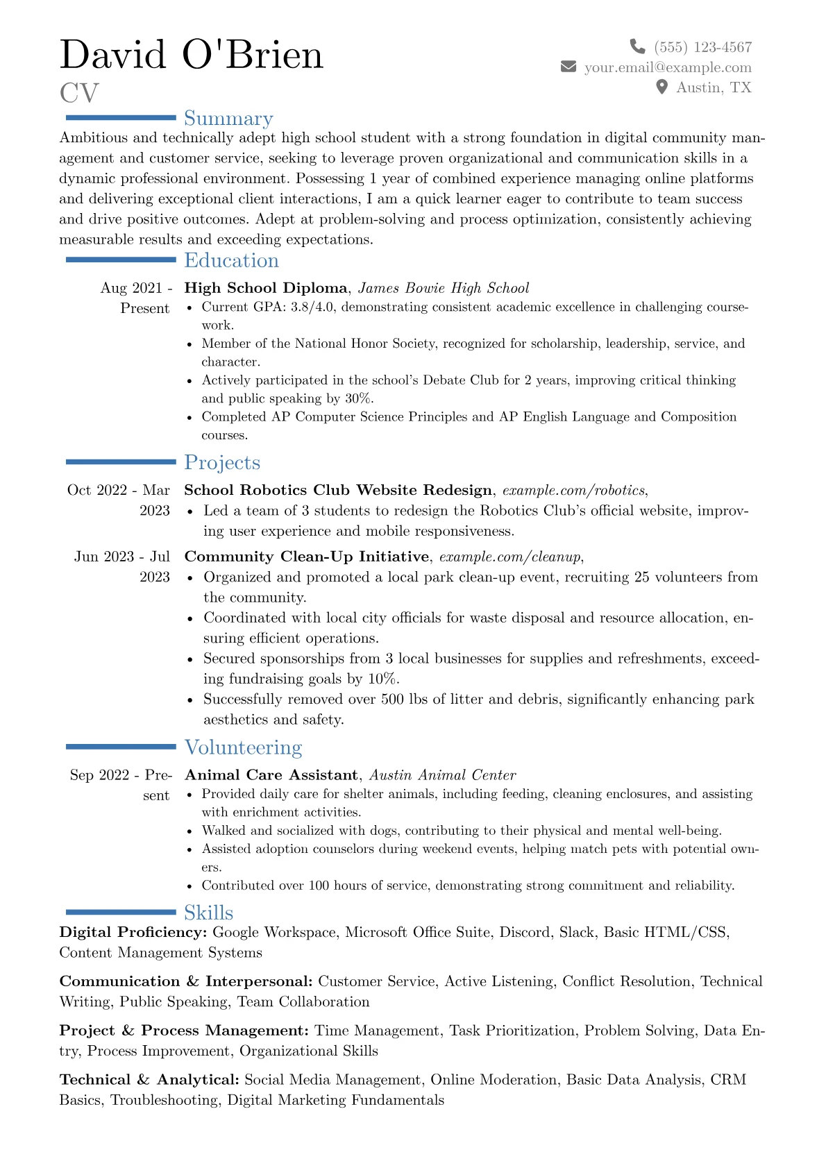 Teenager resume example, Career changer, page 1