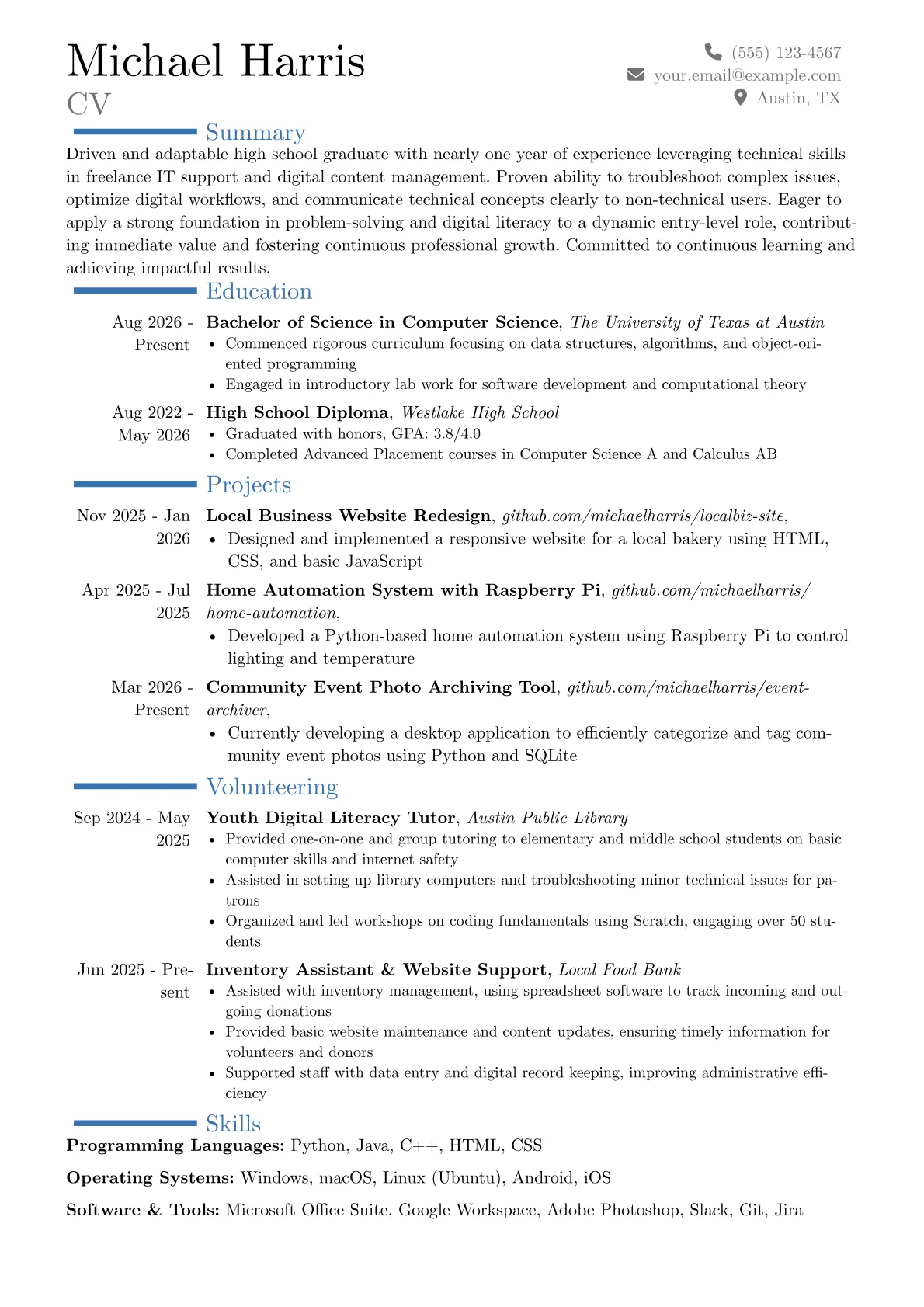 Teens resume example, Career changer, page 1