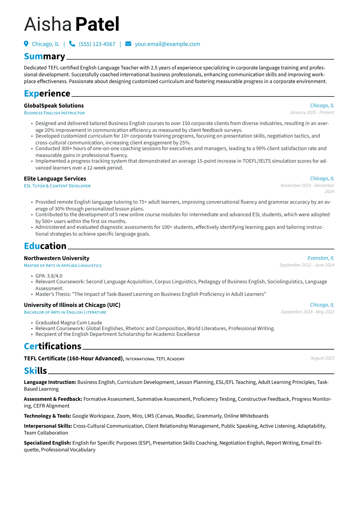 TEFL Teacher resume example, TEFL Teacher - Corporate, page 1