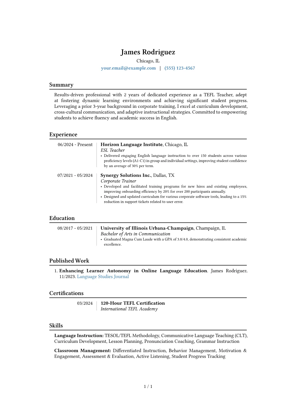 TEFL Teacher resume example, Career changer, page 1
