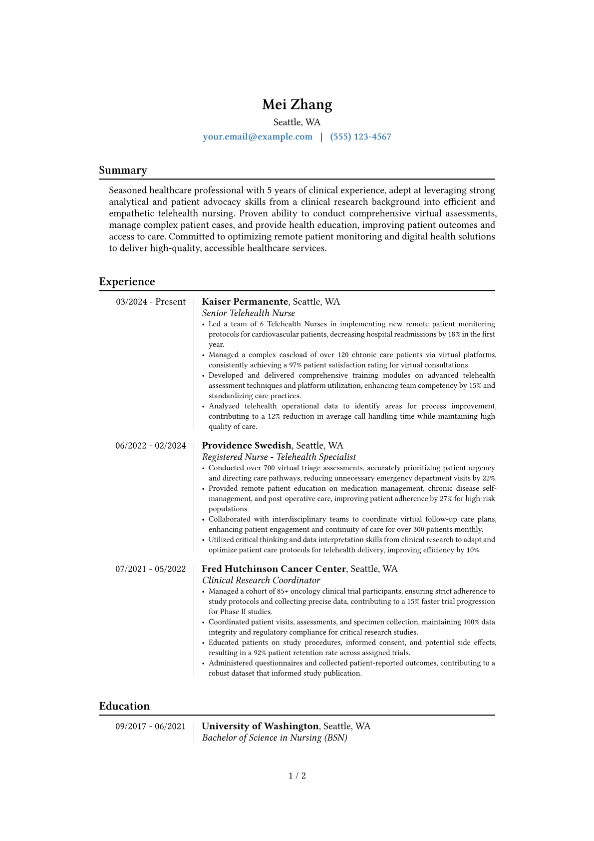 Telehealth Nurse resume example, Career changer, page 1