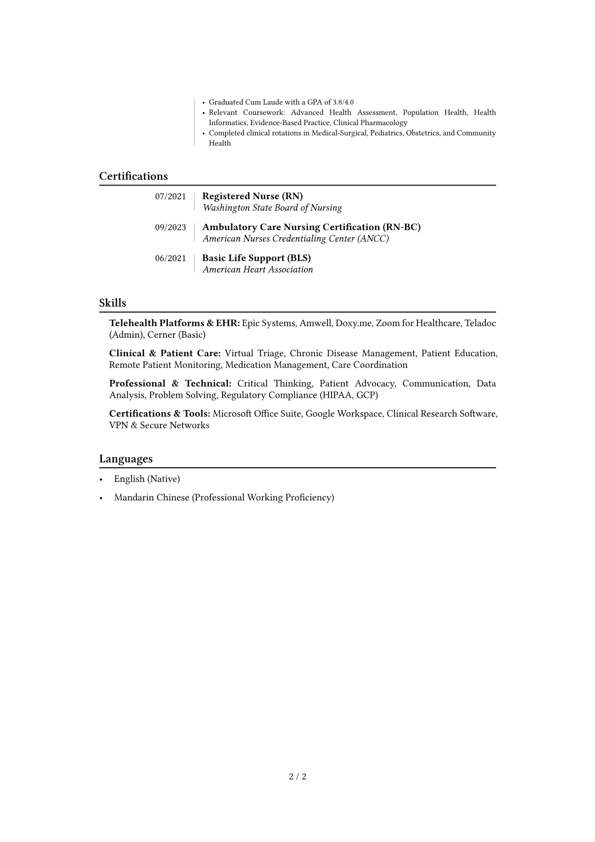 Telehealth Nurse resume example, Career changer, page 2