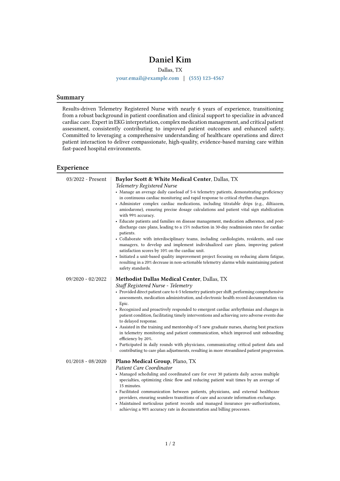 Telemetry Registered Nurse resume example, Career changer, page 1