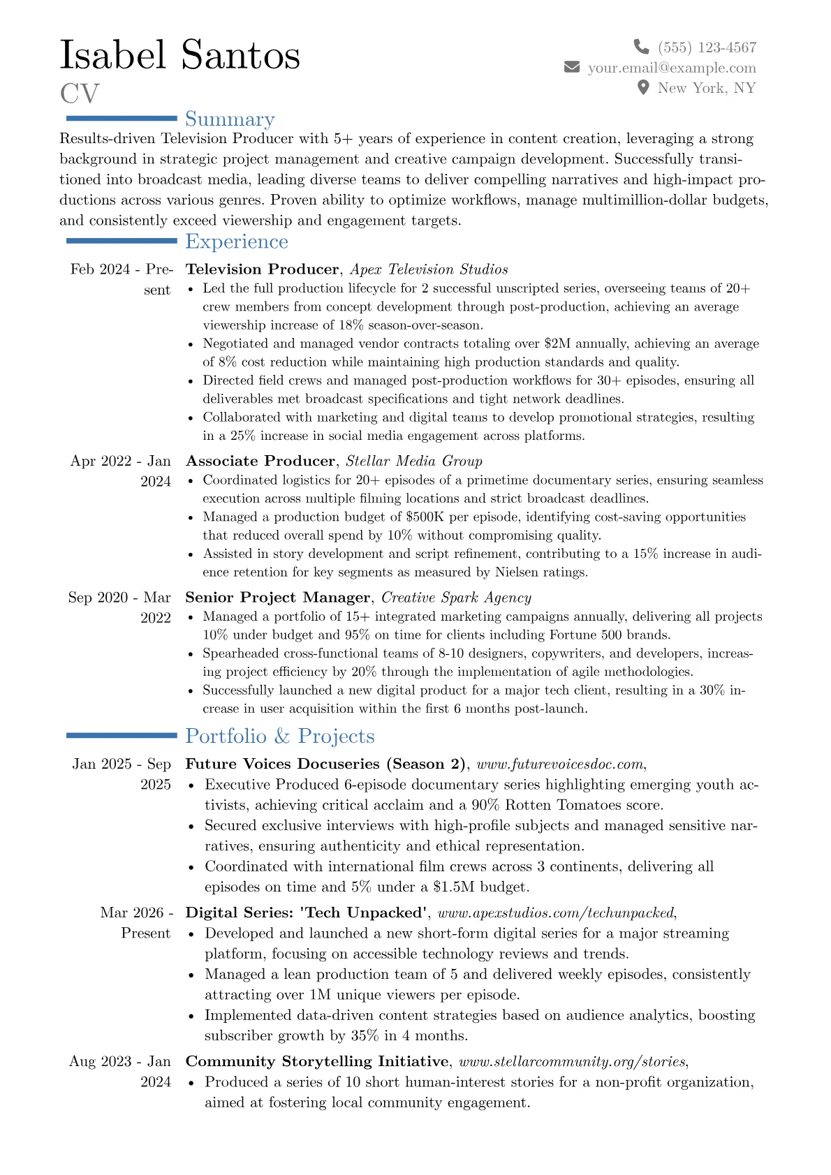 Television Producer resume example, Career changer, page 1