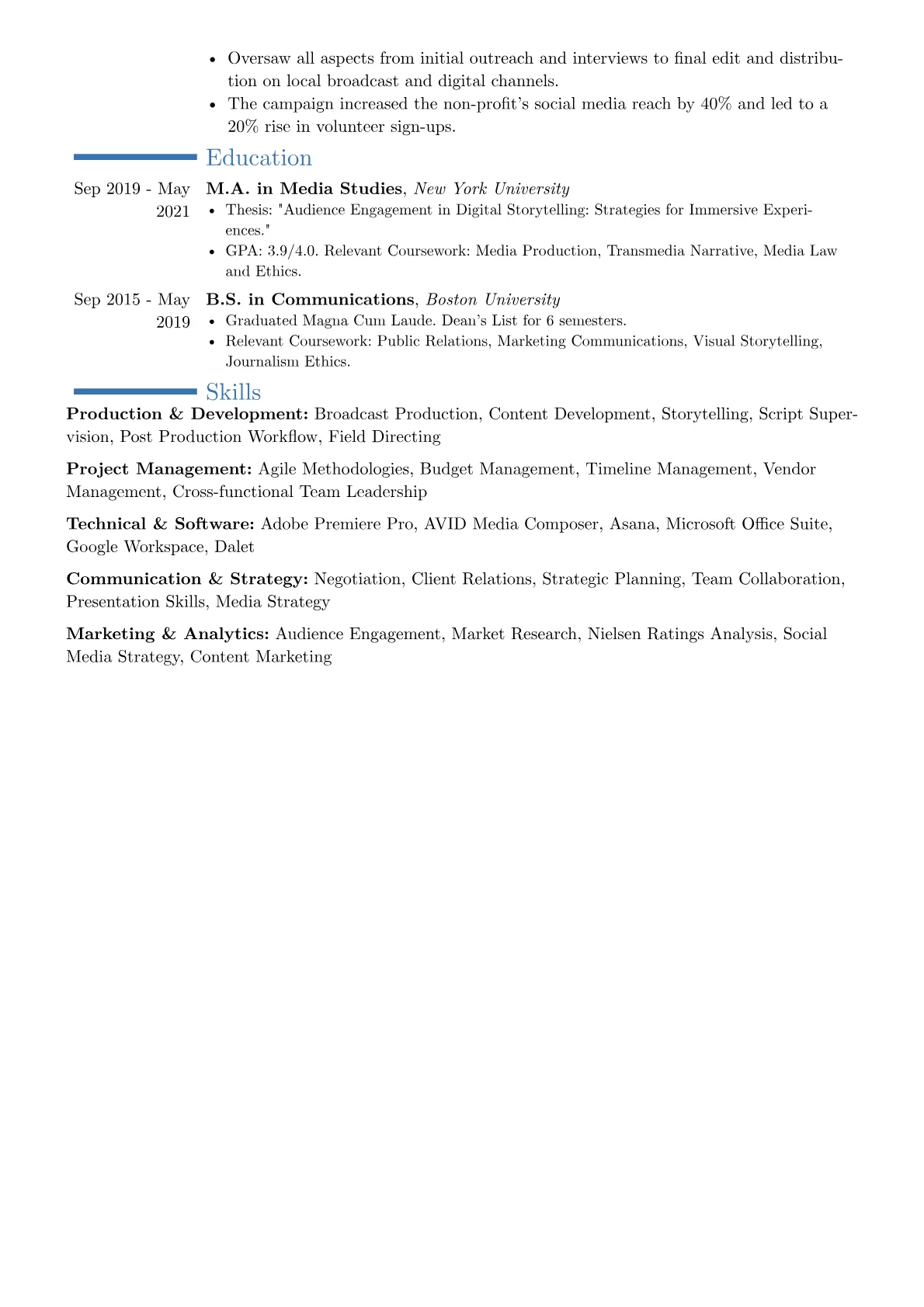 Television Producer resume example, Career changer, page 2