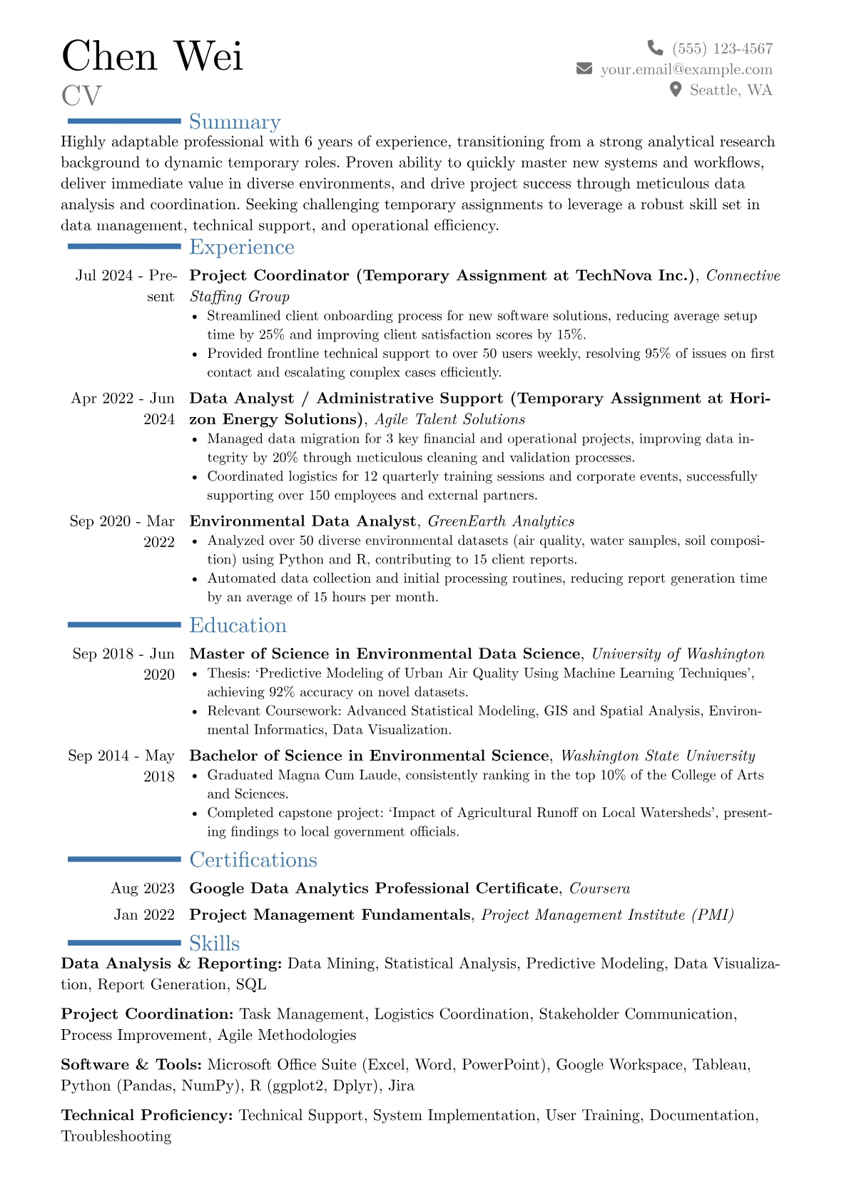 Temp Job Seeker resume example, Career changer, page 1