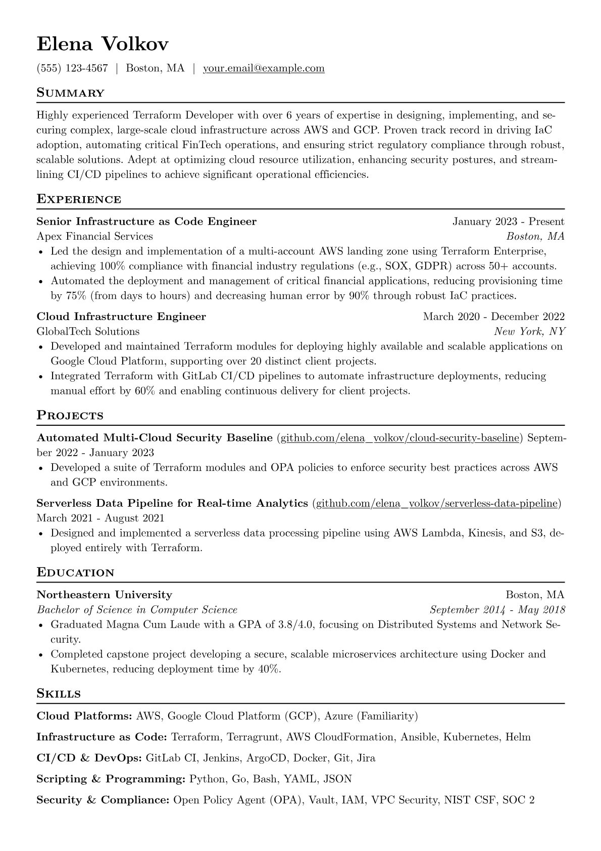 Terraform Developer resume example, FinTech / Security Focused, page 1