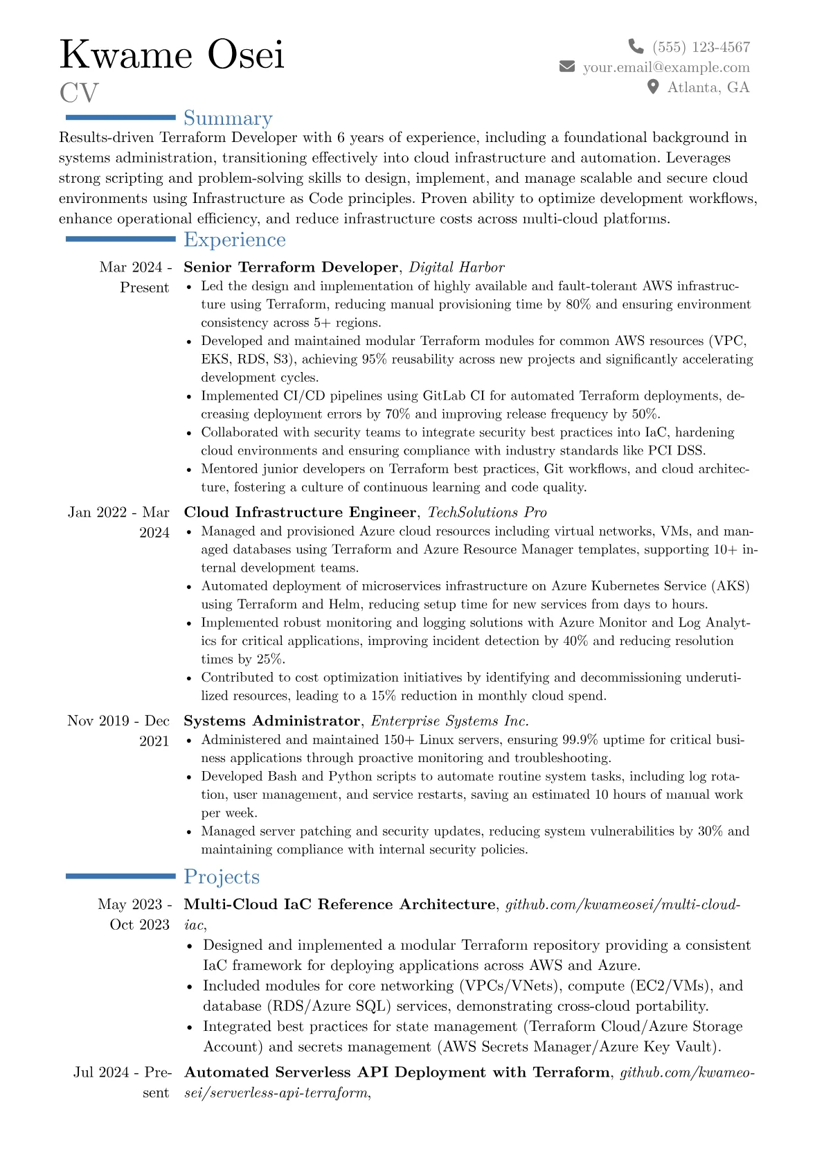 Terraform Developer resume example, Career changer, page 1