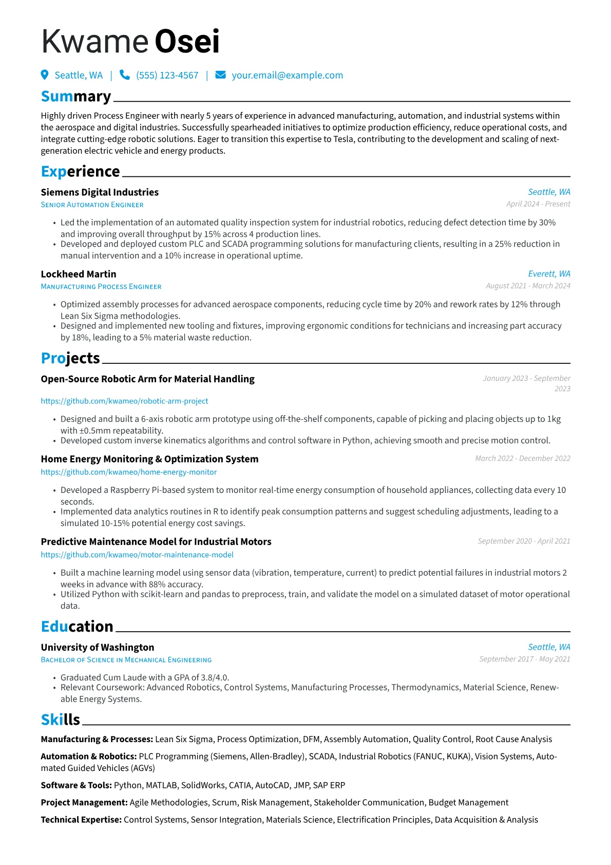 Tesla resume example, Career changer, page 1