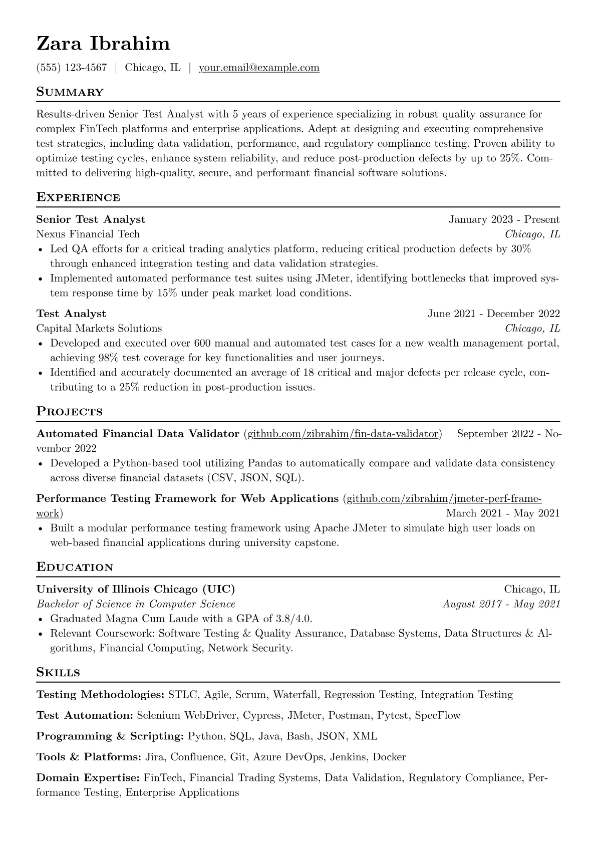 Test Analyst resume example, Senior FinTech Test, page 1