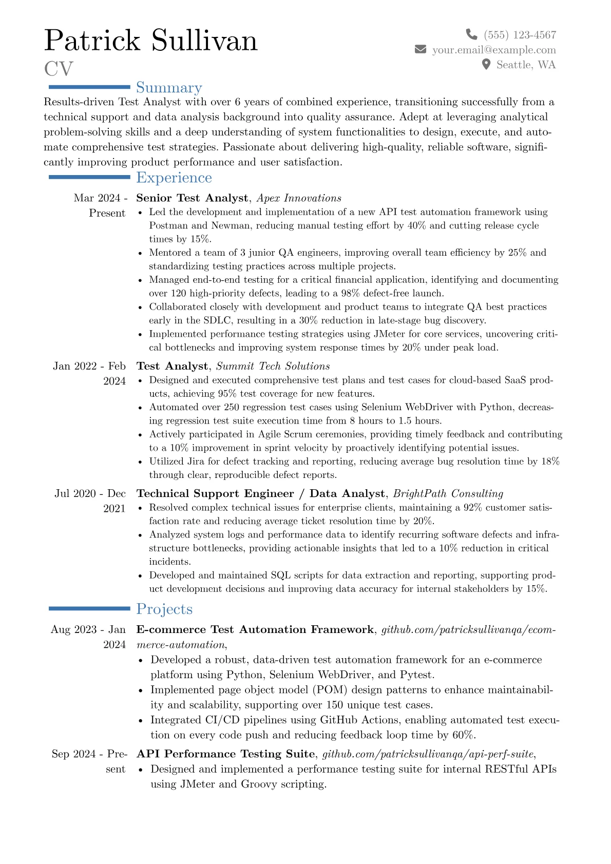 Test Analyst resume example, Career changer, page 1