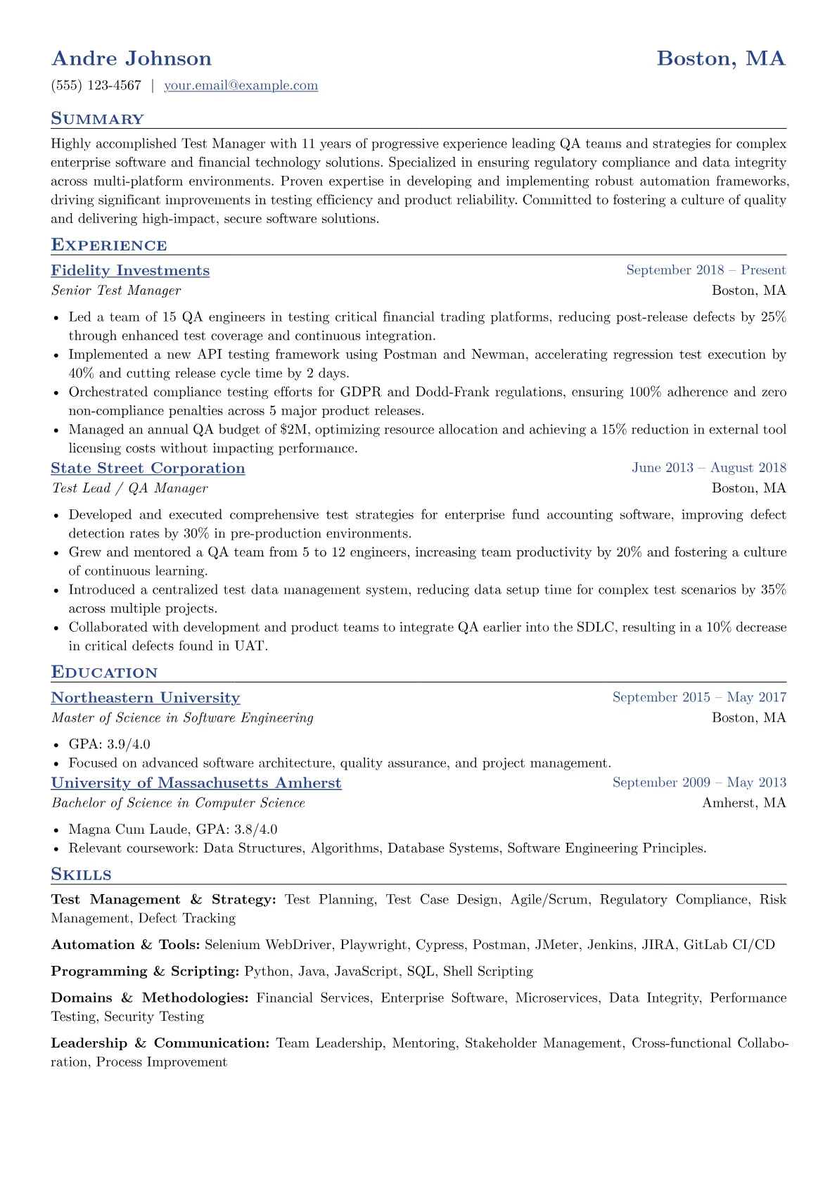Test Manager resume example, Senior Test Manager, page 1