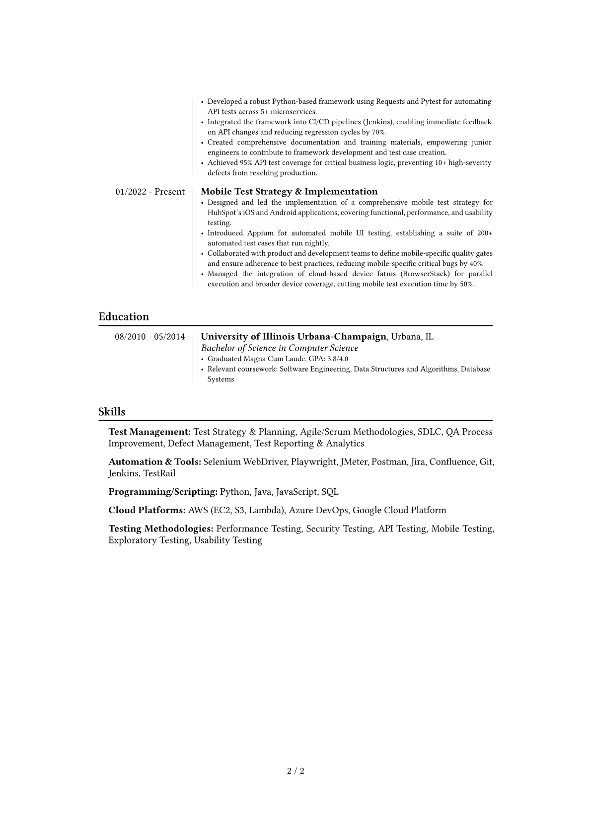 Test Manager resume example, Career changer, page 2