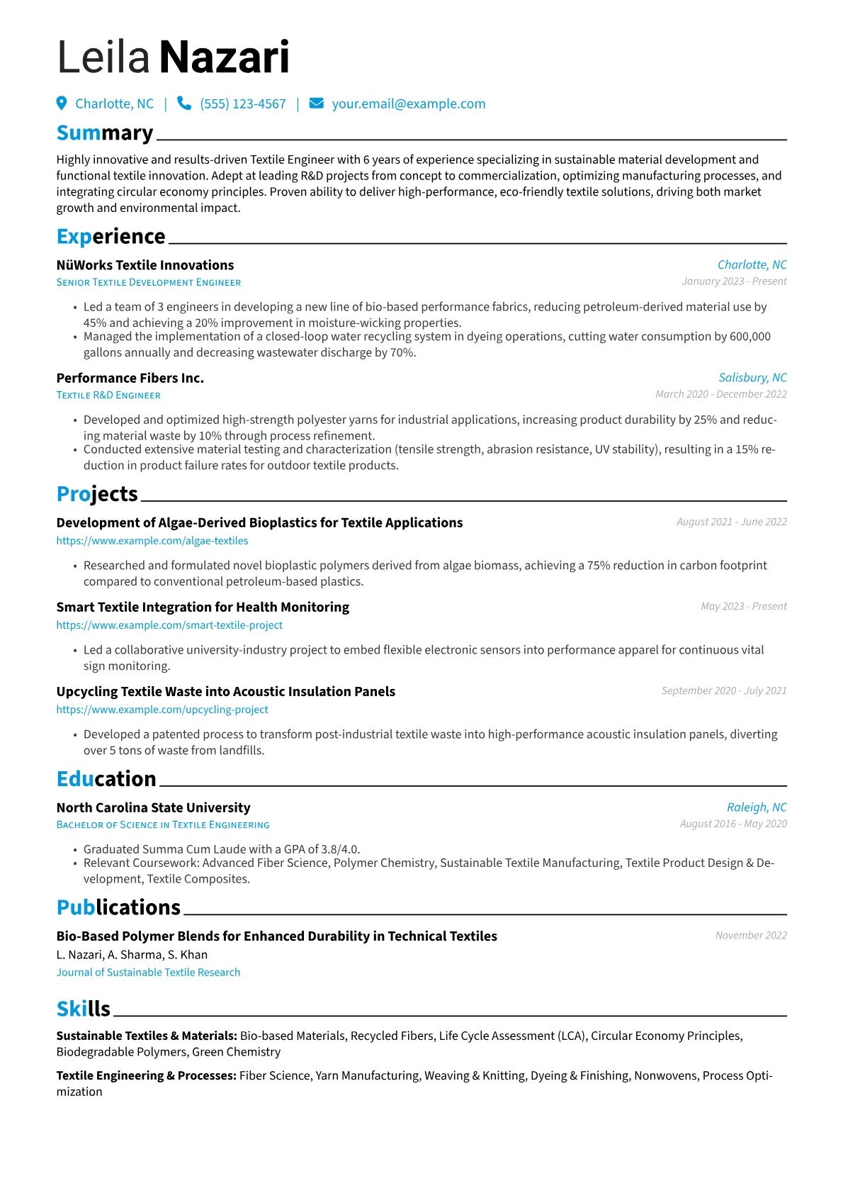 Textile Engineer resume example, Textile Engineer, page 1