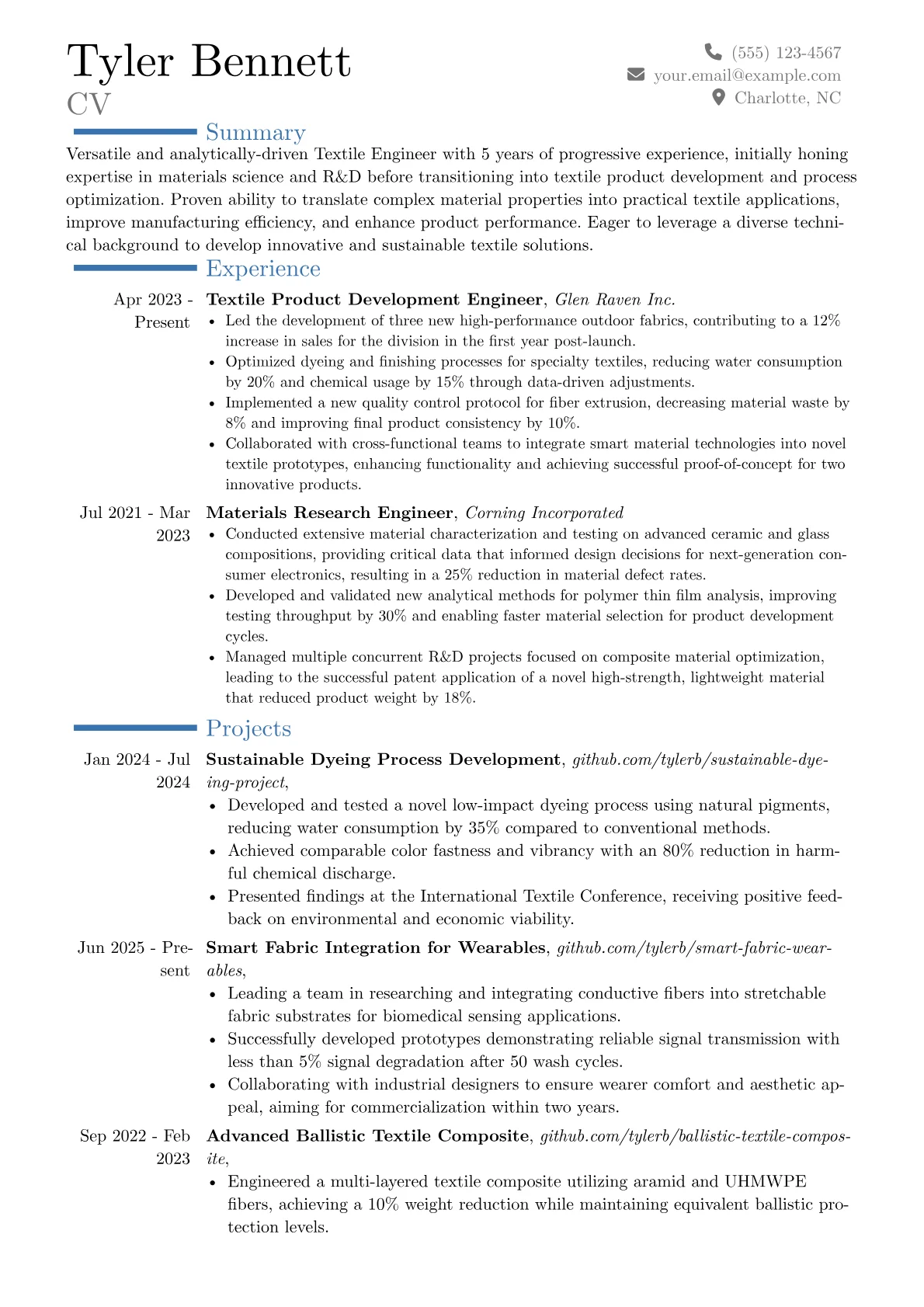 Textile Engineer resume example, Career changer, page 1