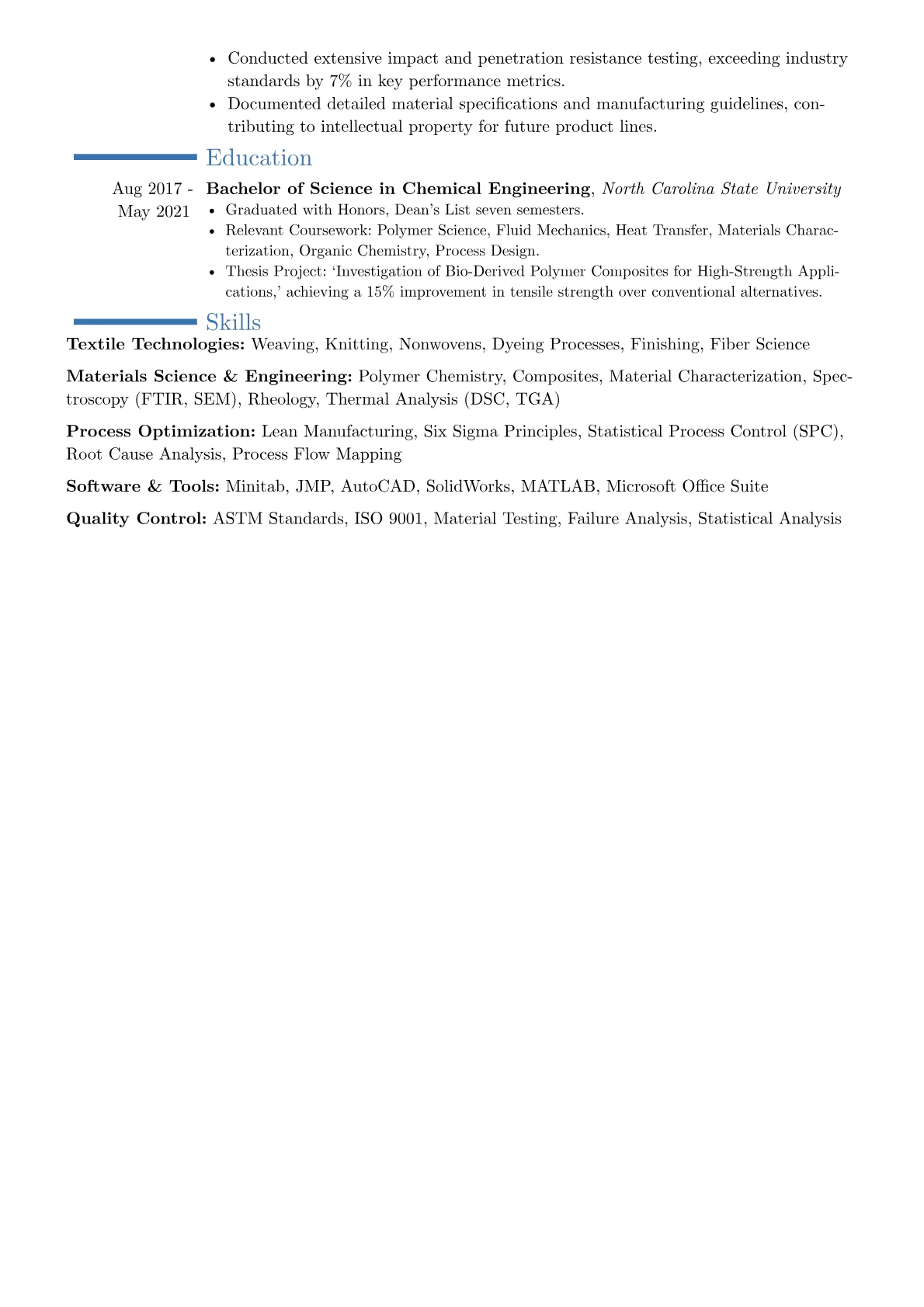 Textile Engineer resume example, Career changer, page 2