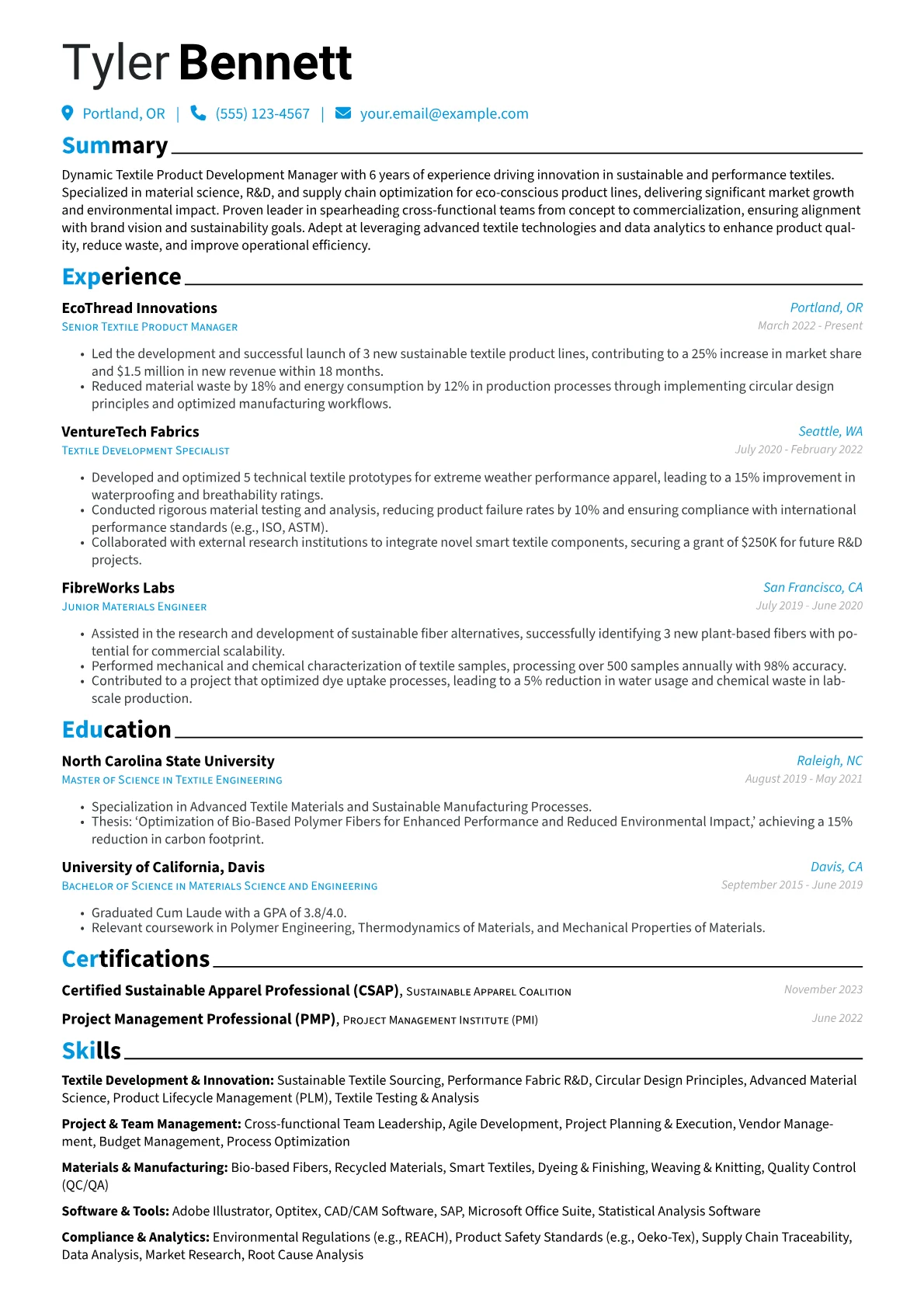 Textile Manager resume example, Textile Development, page 1