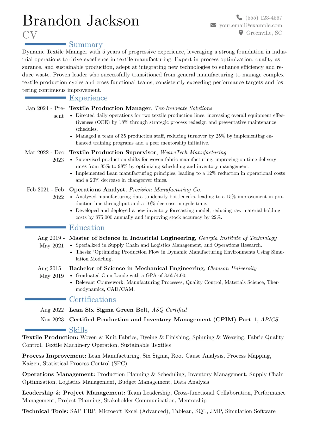 Textile Manager resume example, Career changer, page 1