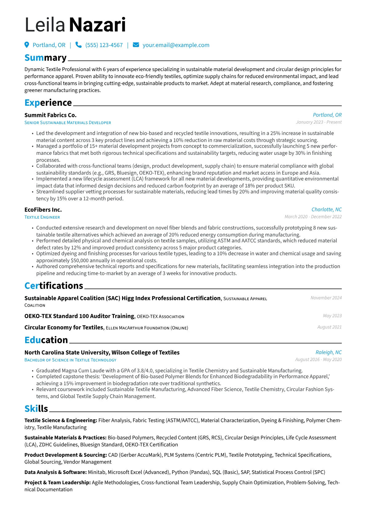 Textile Professional resume example, Textile Professional, page 1