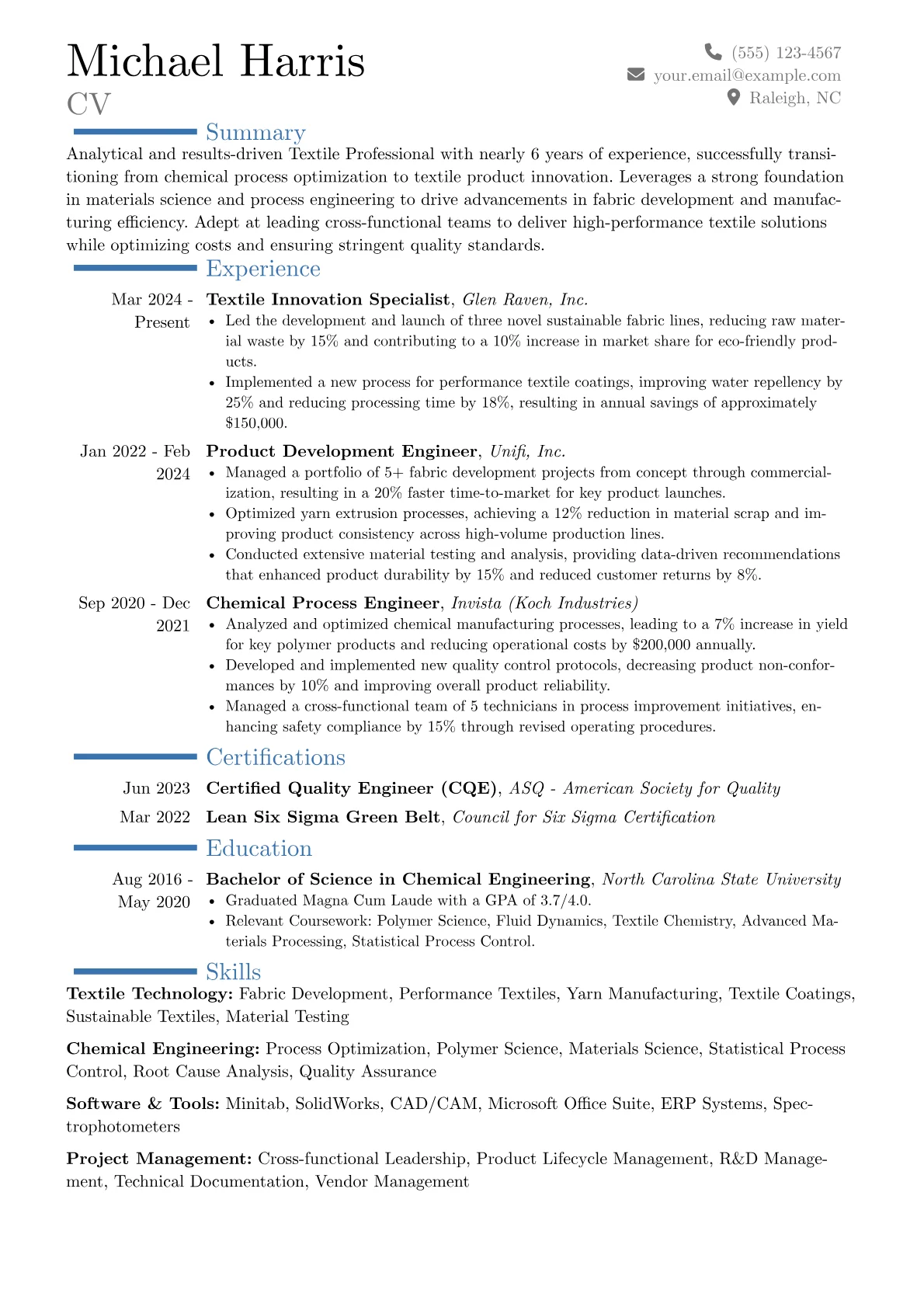 Textile Professional resume example, Career changer, page 1