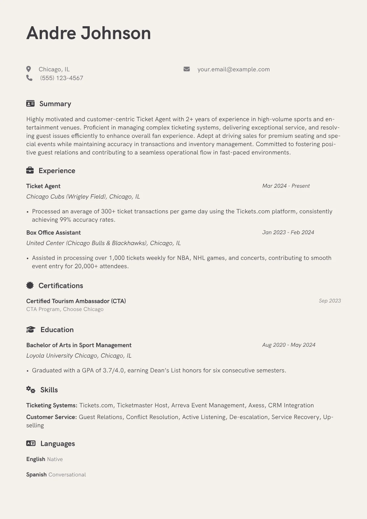 Ticket Agent resume example, Sports & Entertainment, page 1
