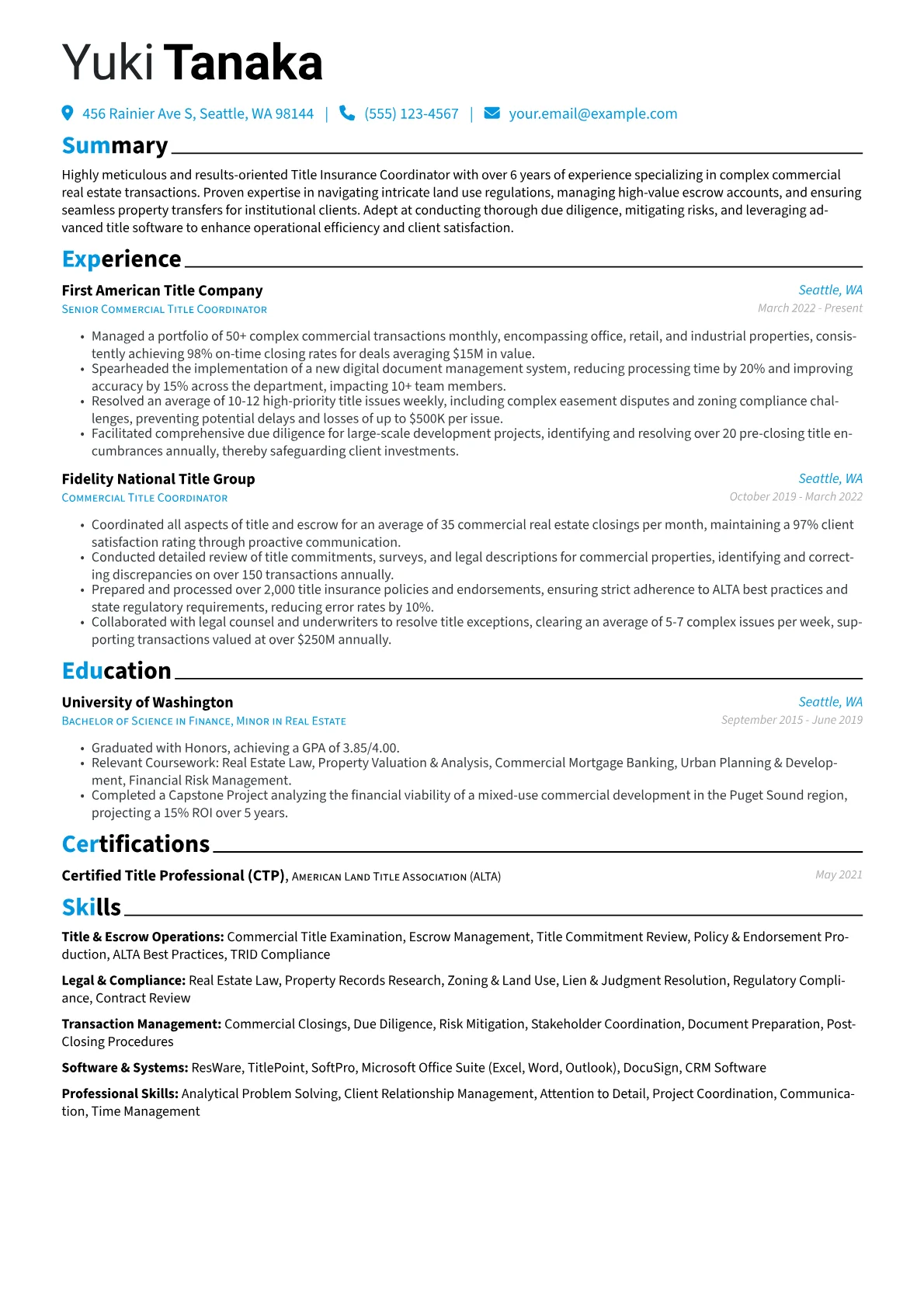 Title Insurance Coordinator resume example, Commercial Real Estate, page 1