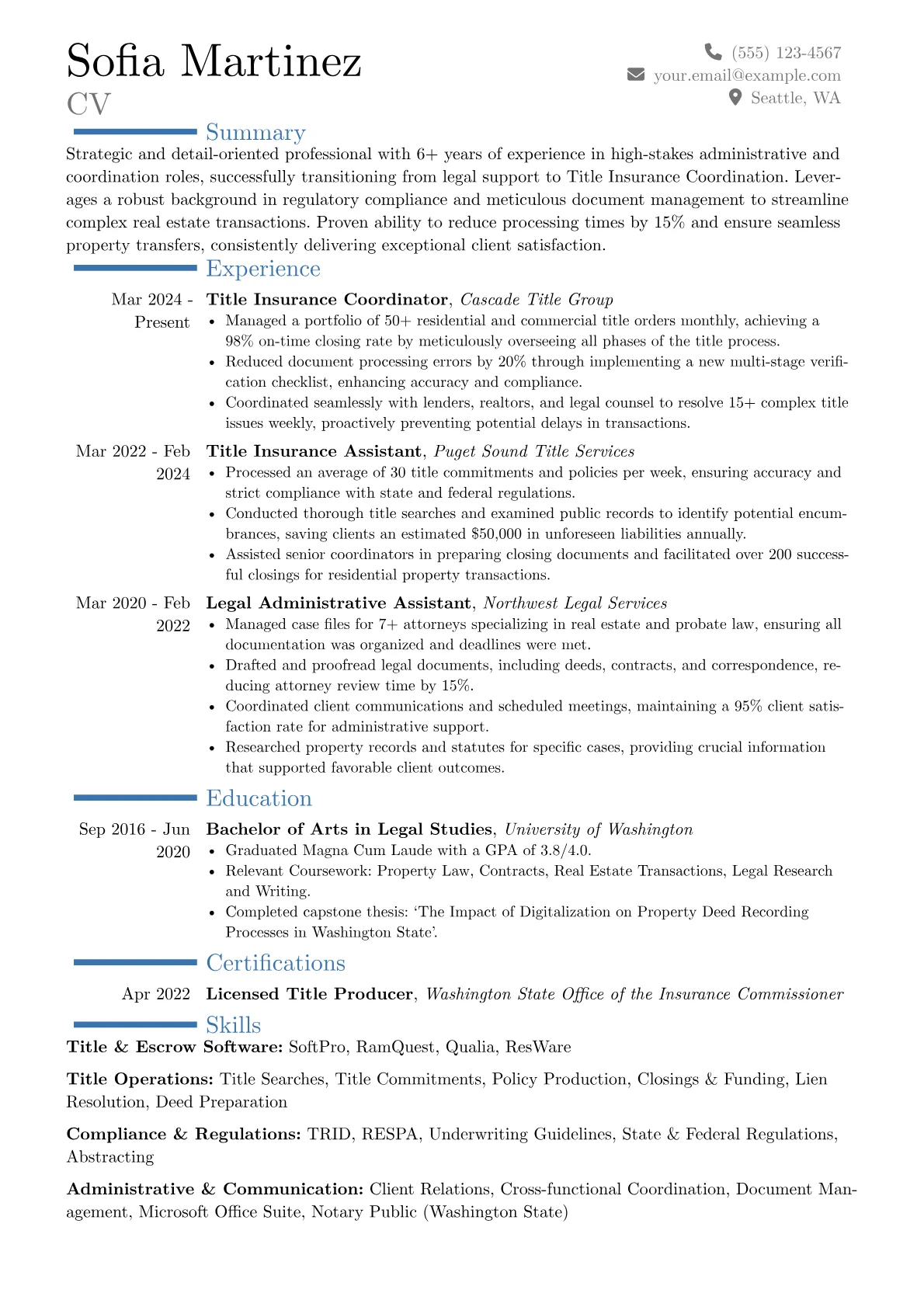 Title Insurance Coordinator resume example, Career changer, page 1