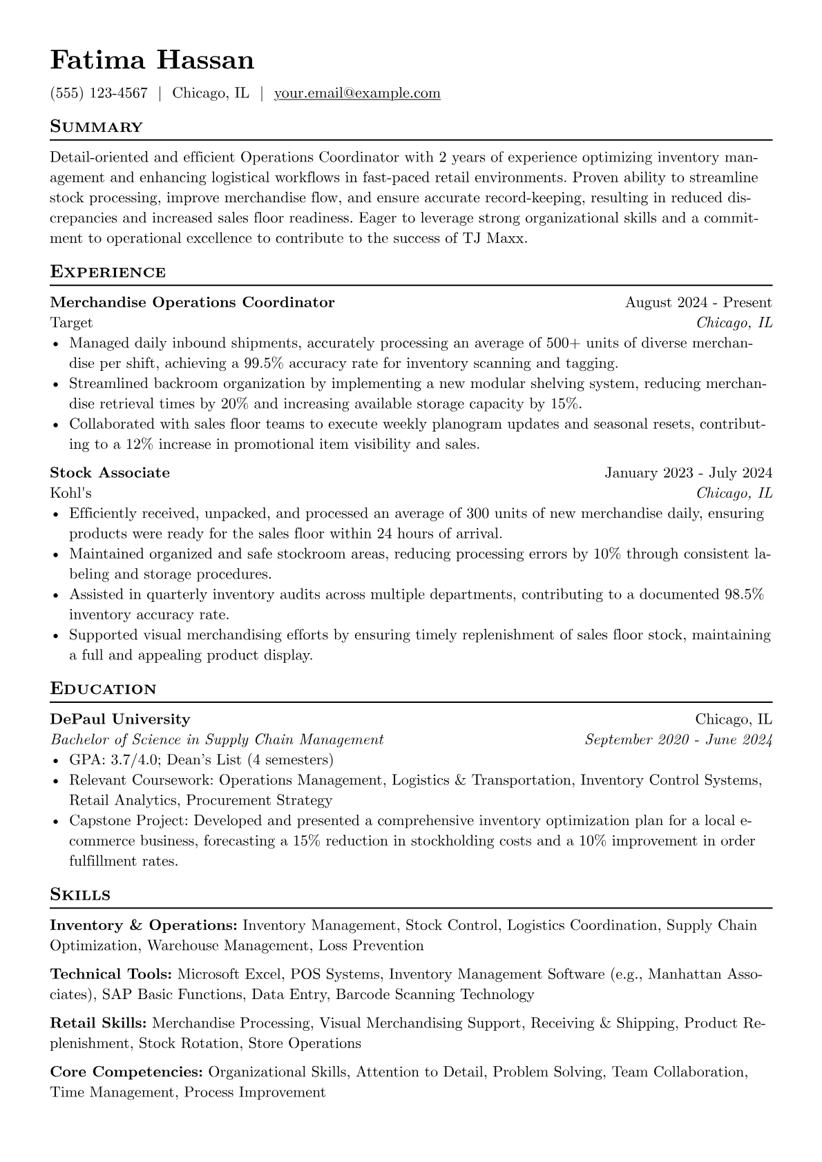 TJ Maxx resume example, Operations, page 1