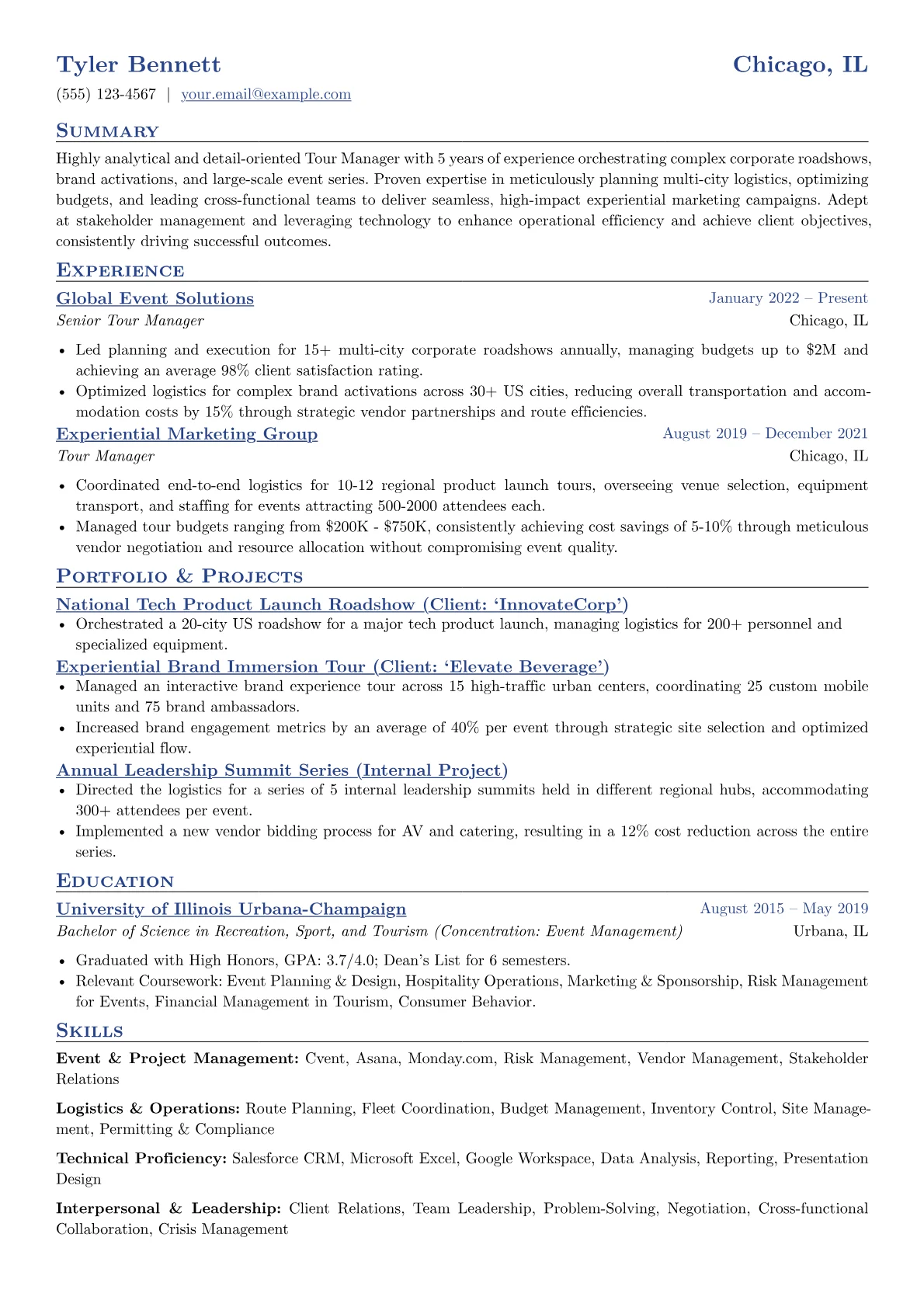 Tour Manager resume example, Tour Manager - Corporate, page 1