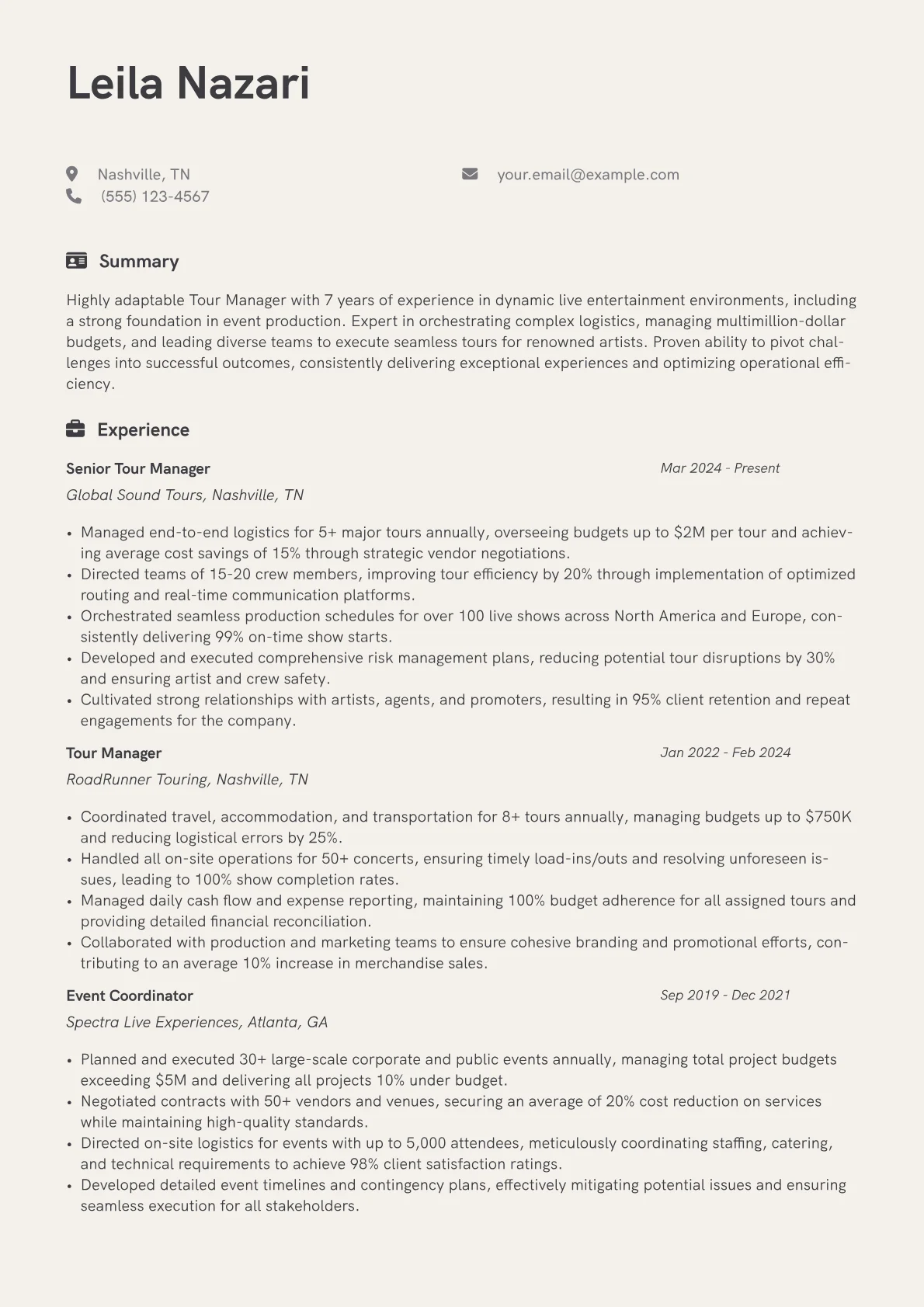 Tour Manager resume example, Career changer, page 1