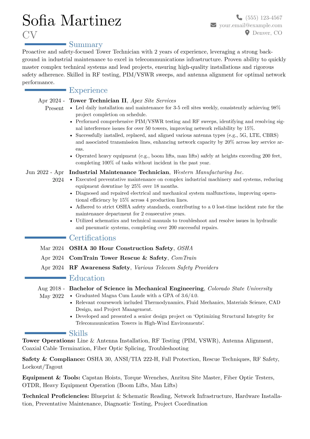 Tower Technician resume example, Career changer, page 1