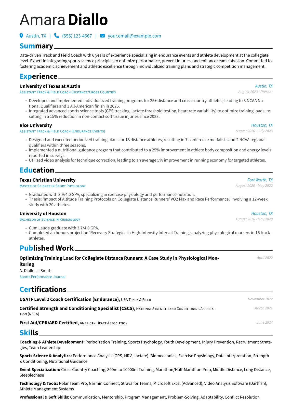Track and Field Coach resume example, Collegiate Endurance Coach, page 1