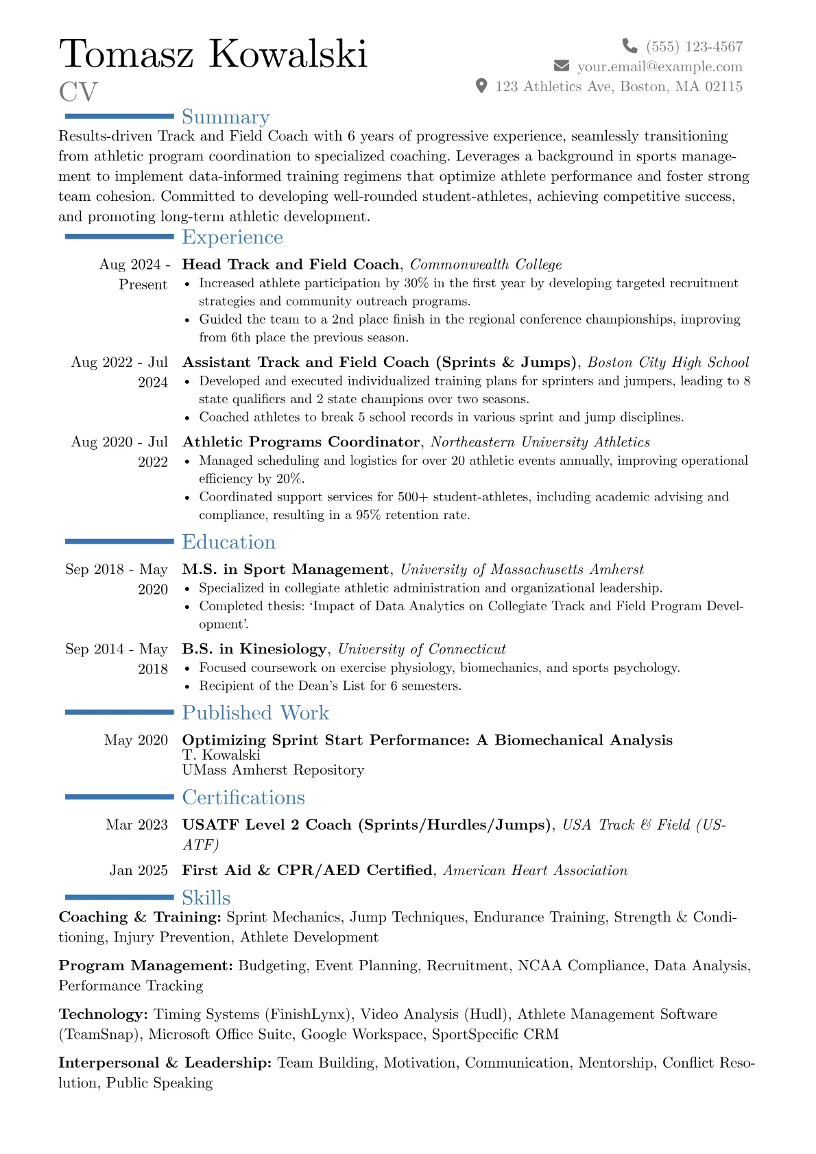 Track and Field Coach resume example, Career changer, page 1