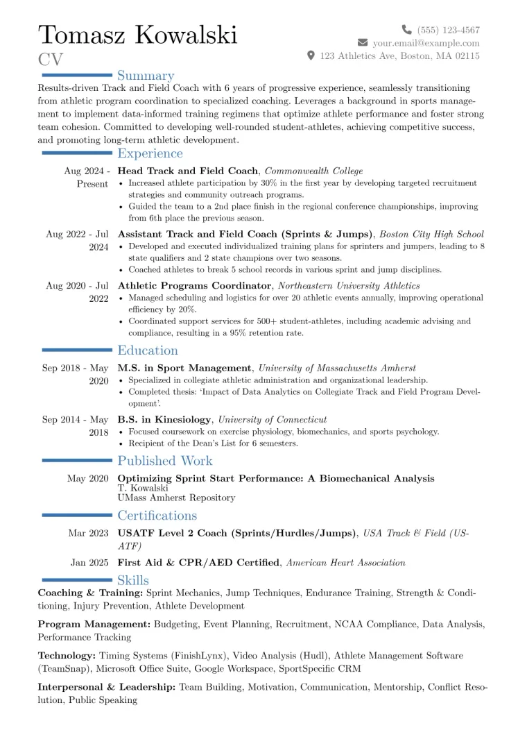 Track and Field Coach Resume Examples + Free Template (2026)
