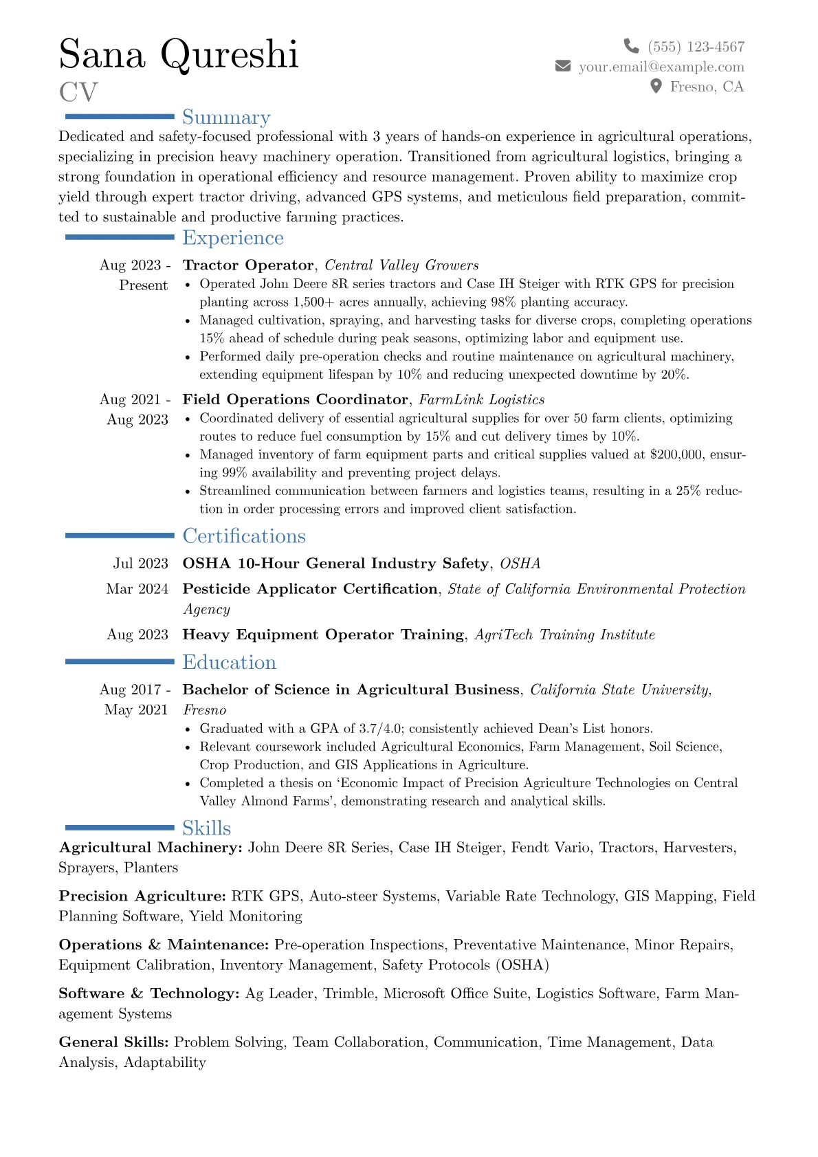 Tractor Driver resume example, Career changer, page 1
