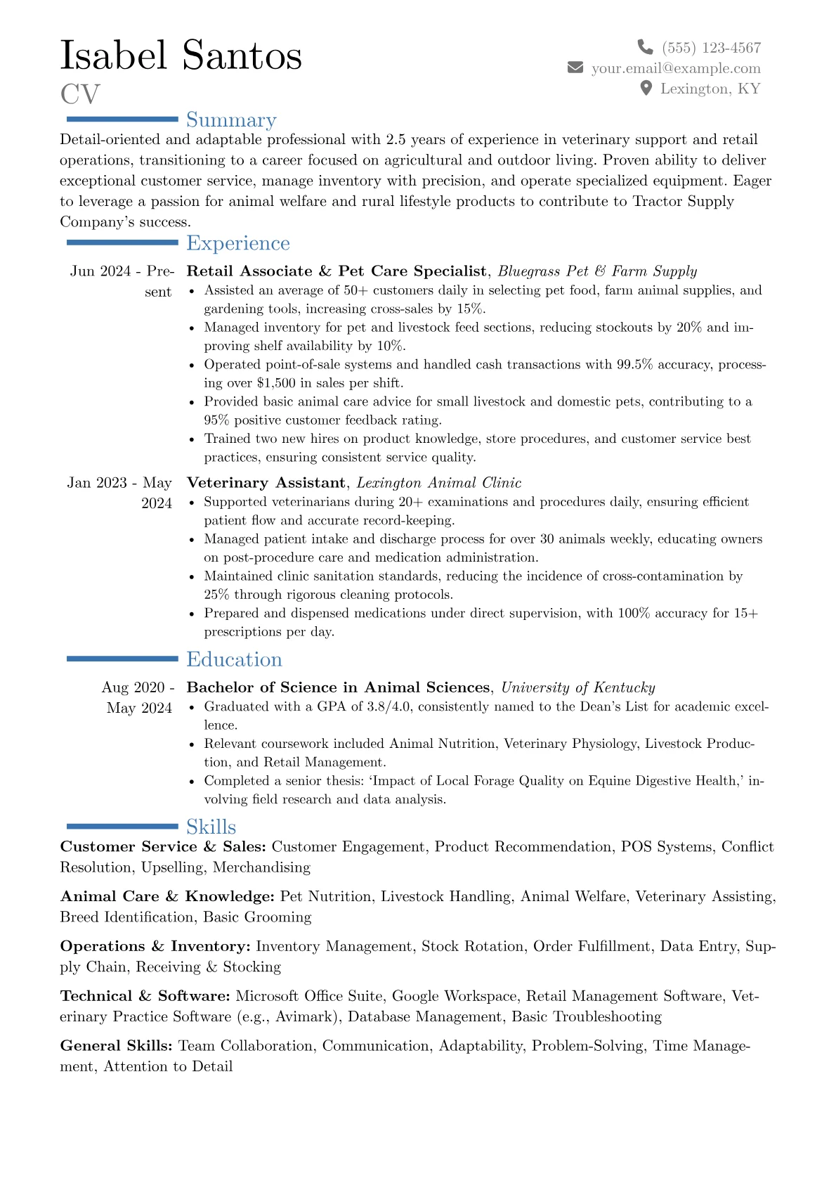 Tractor Supply Company resume example, Career changer, page 1