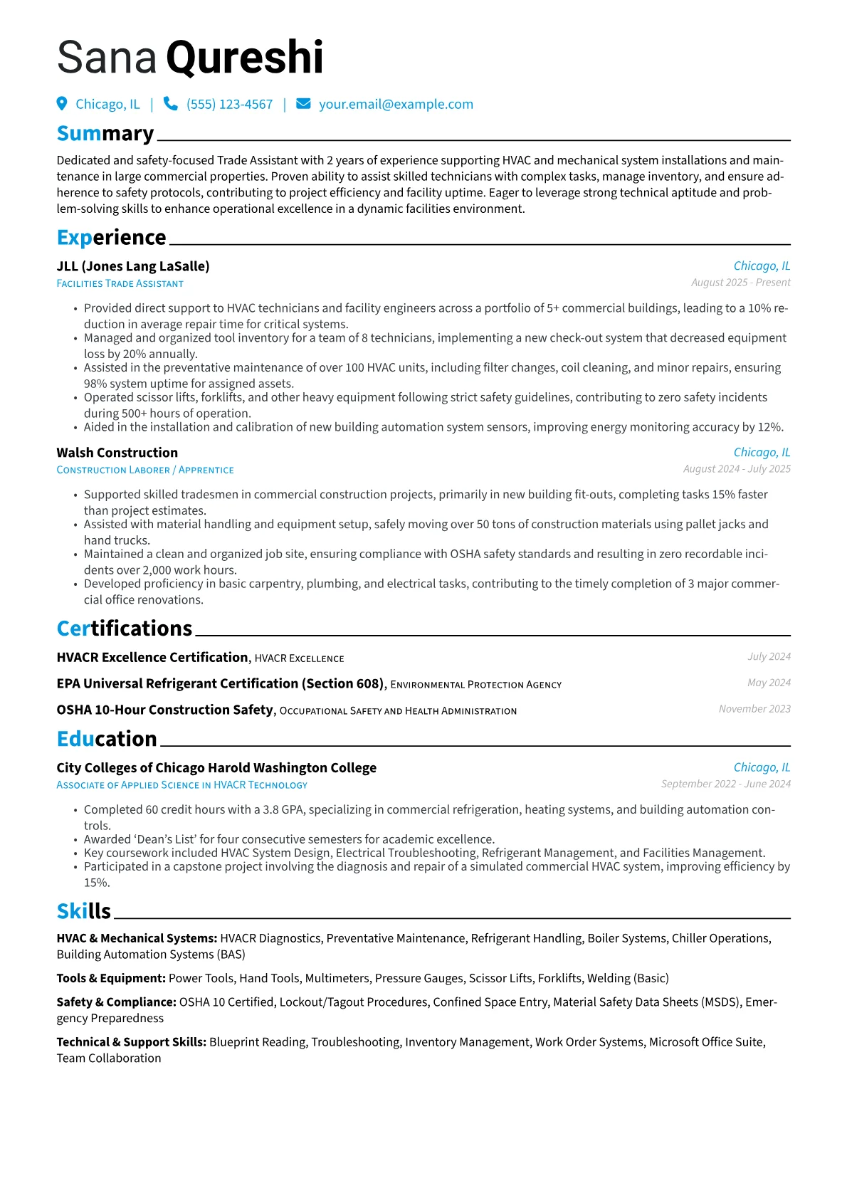 Trade Assistant resume example, Commercial HVAC, page 1