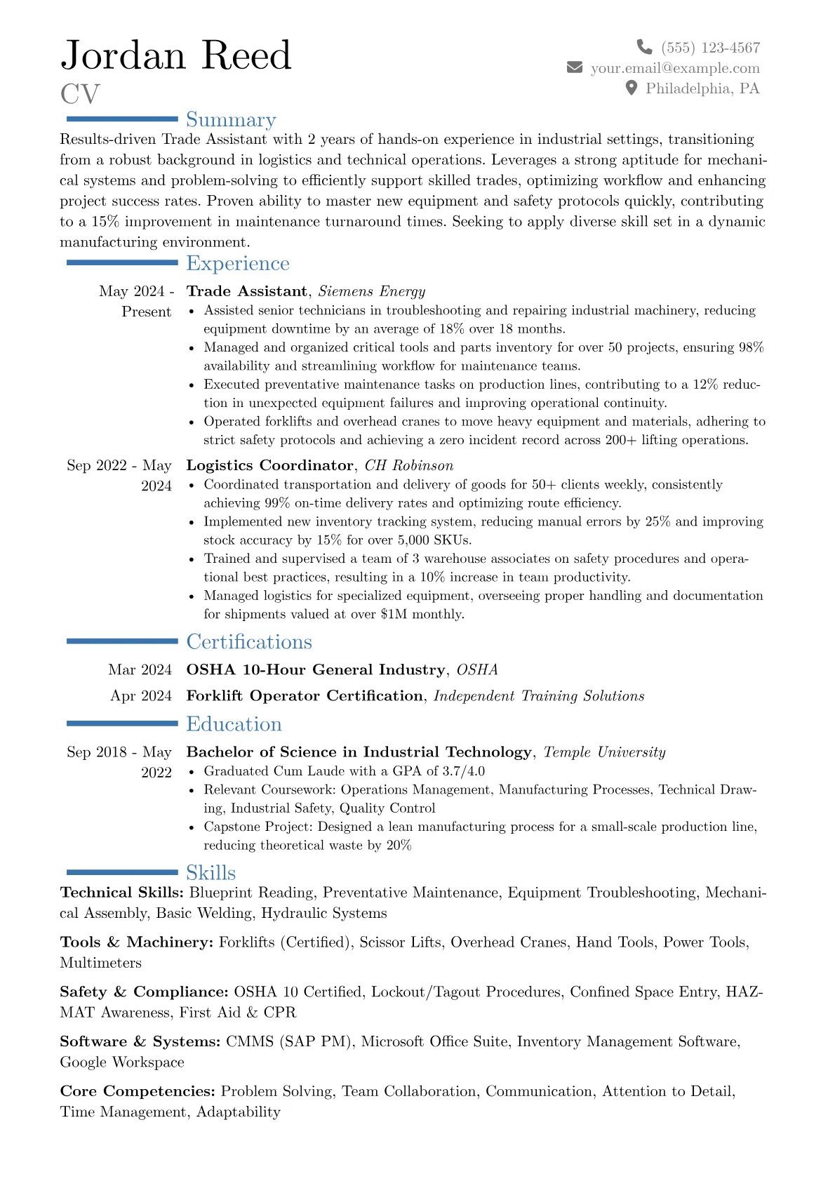 Trade Assistant resume example, Career changer, page 1
