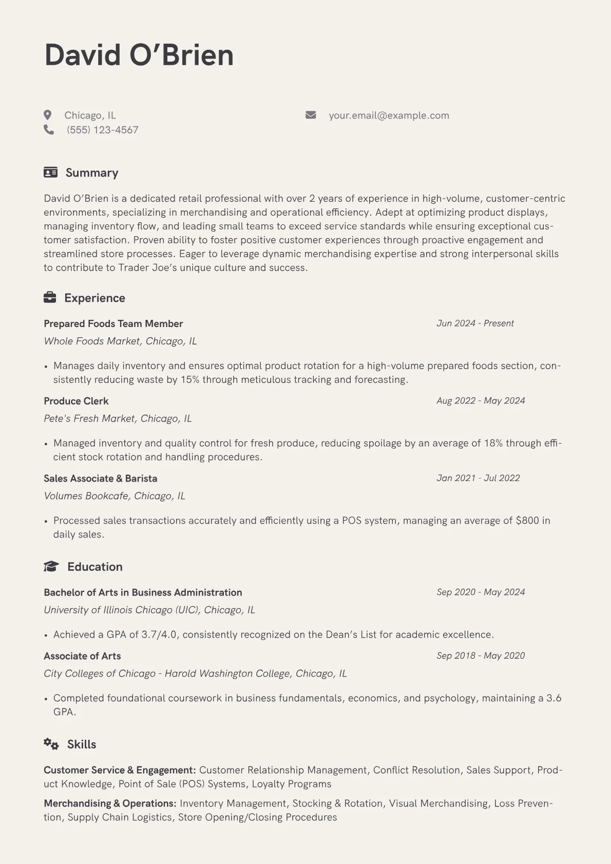 Trader Joe's resume example, Trader Joe's Merchandising, page 1