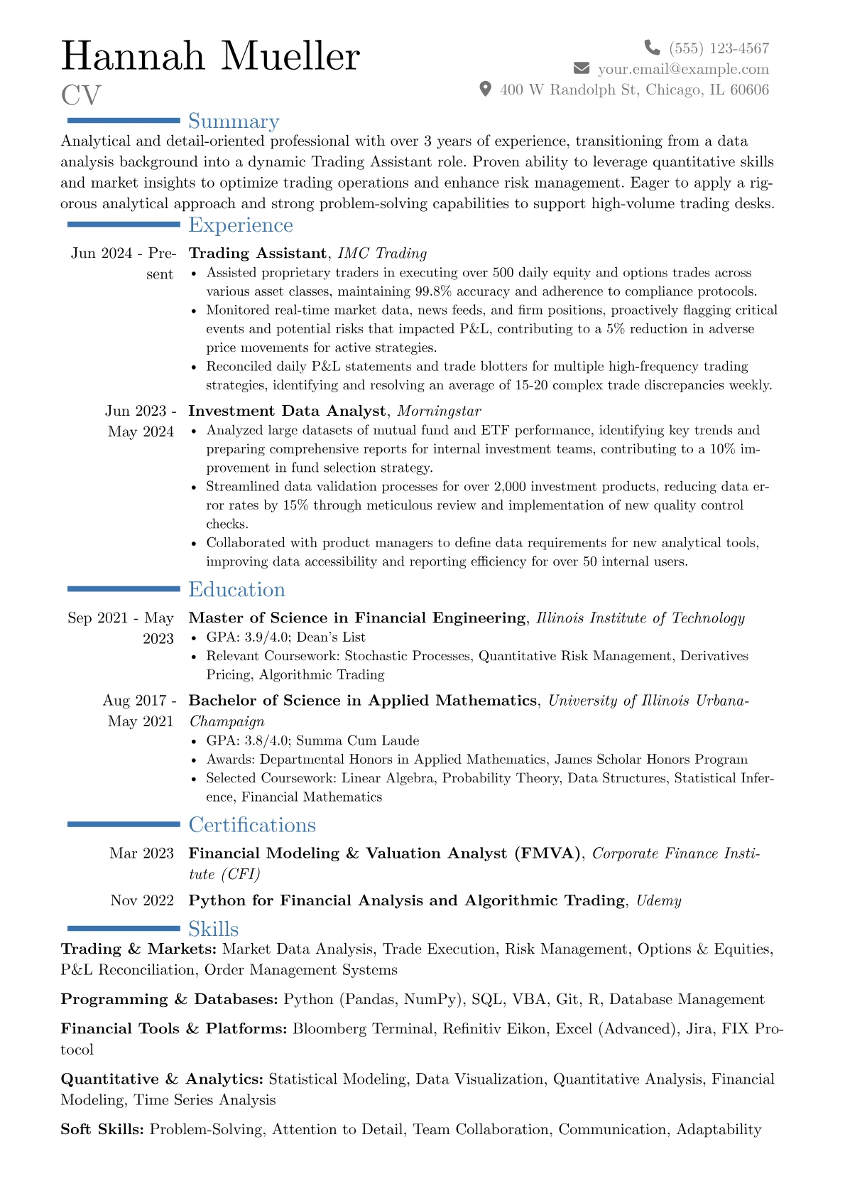 Trading Assistant resume example, Career changer, page 1