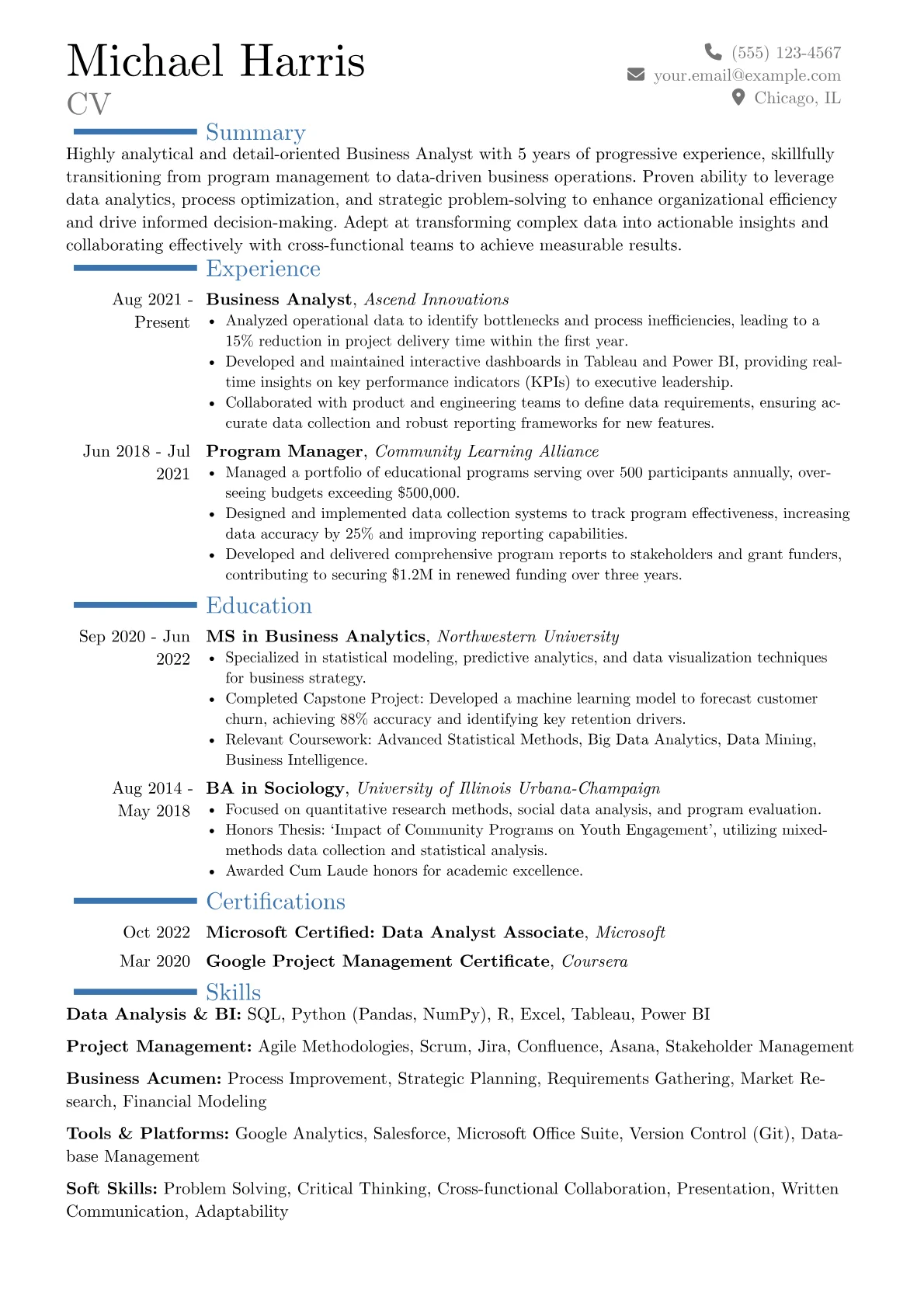 Traditional resume example, Career changer, page 1