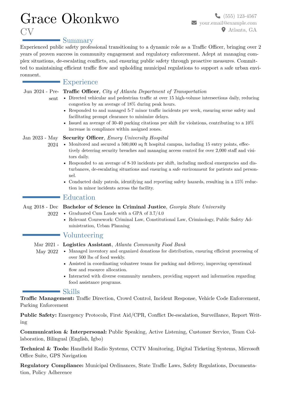 Traffic Officer resume example, Career changer, page 1