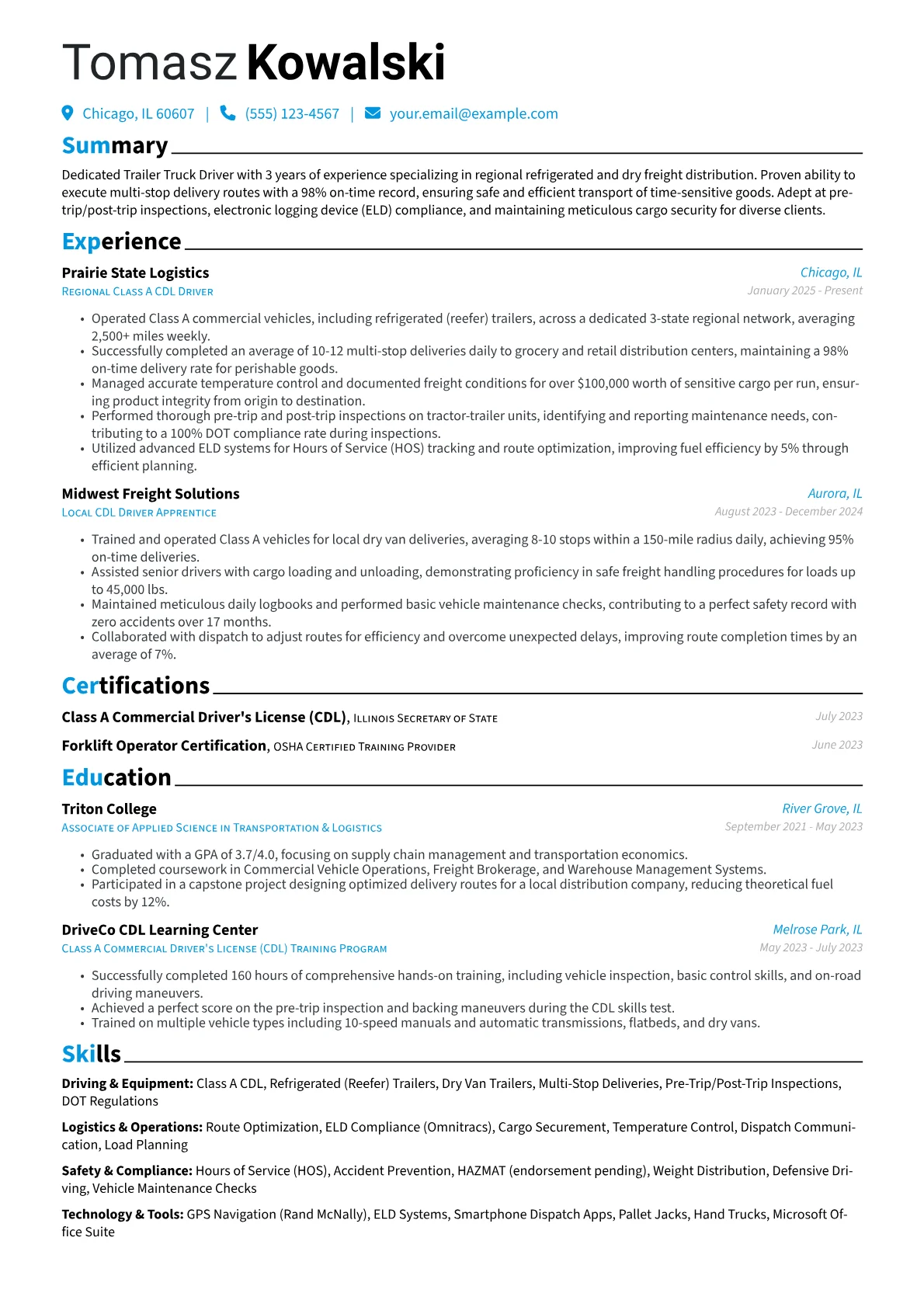 Trailer Truck Driver resume example, Dedicated Regional Food, page 1