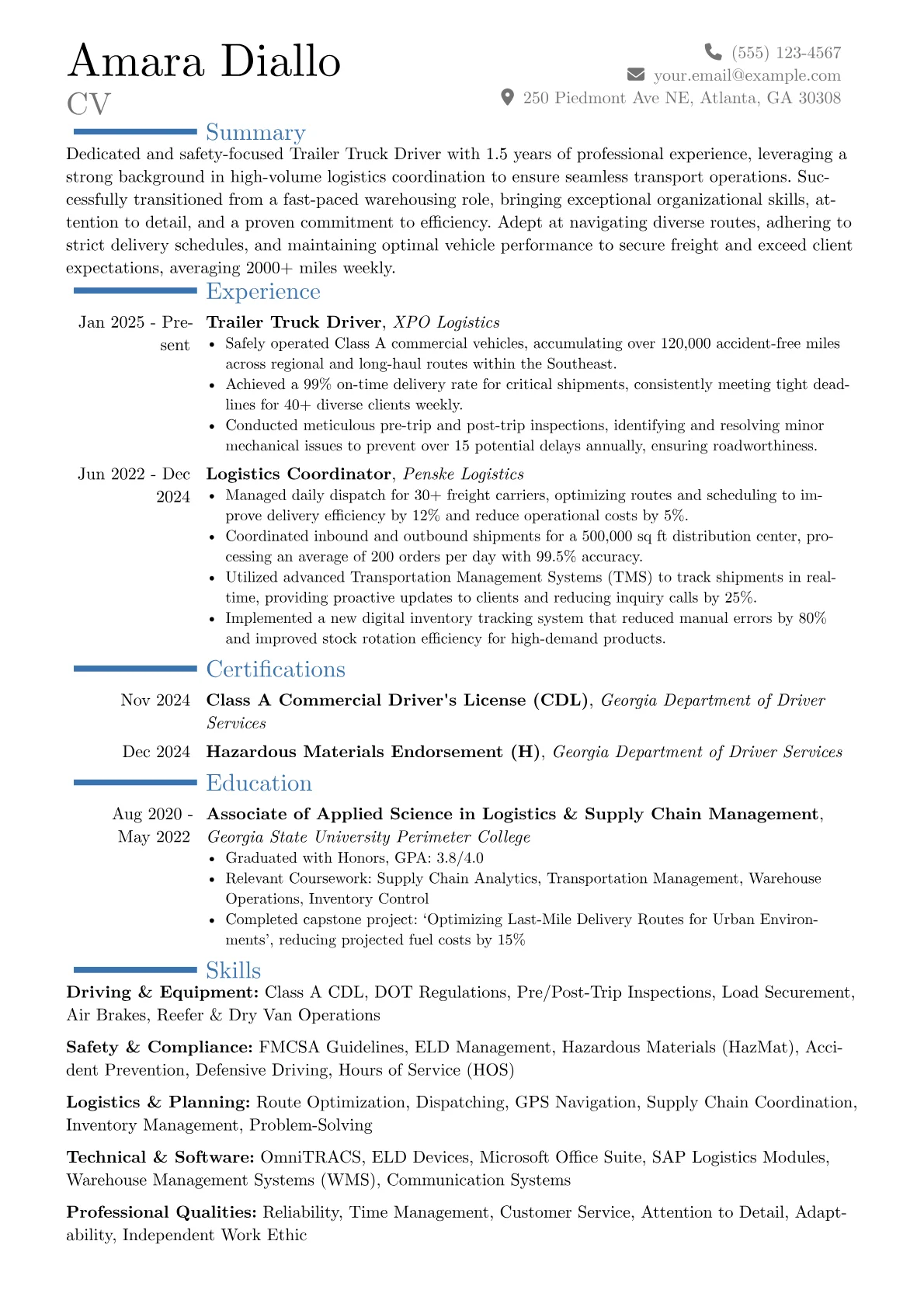 Trailer Truck Driver resume example, Career changer, page 1