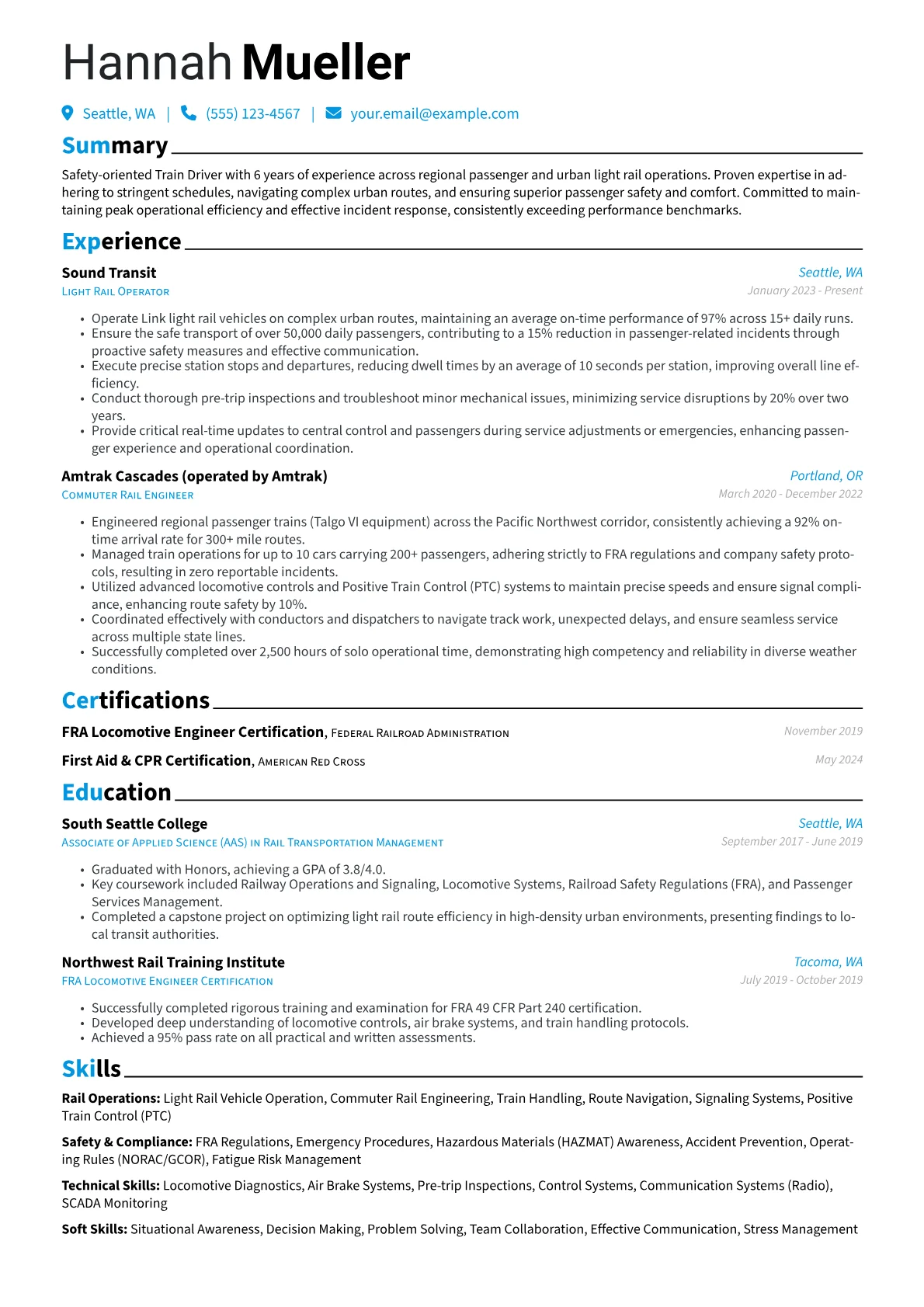 Train Driver resume example, Commuter and Light Rail, page 1