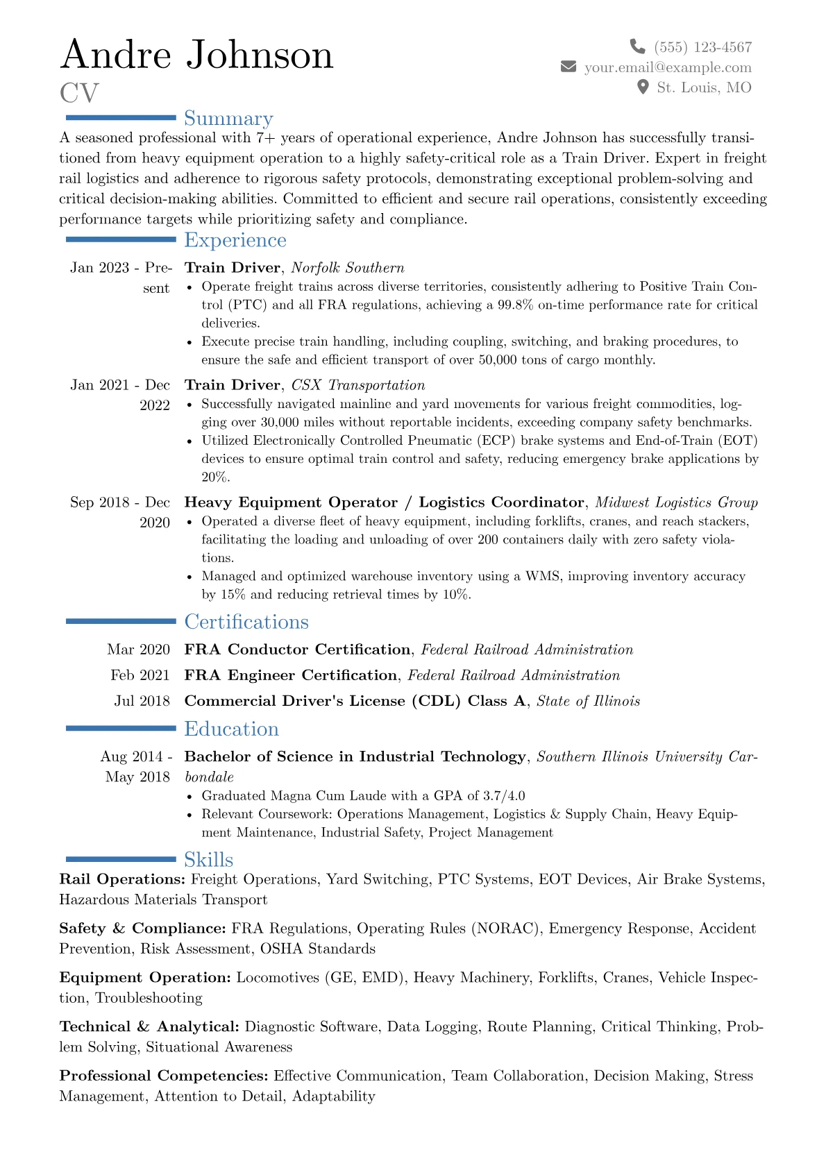Train Driver resume example, Career changer, page 1