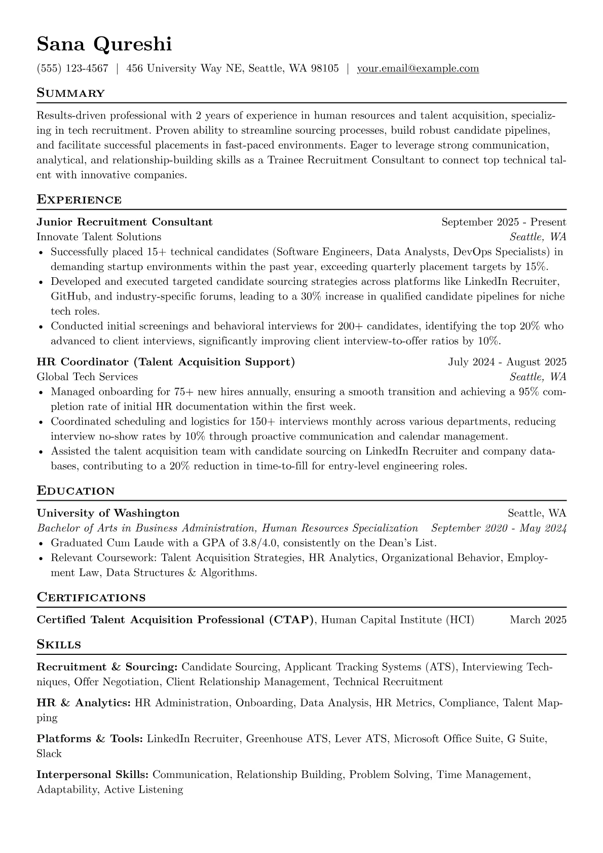 Trainee Recruitment Consultant resume example, Tech-Focused Recruitment, page 1