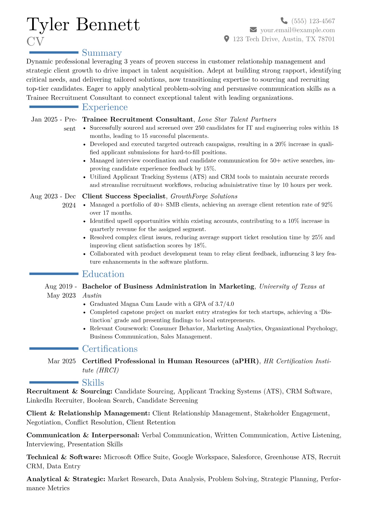 Trainee Recruitment Consultant resume example, Career changer, page 1