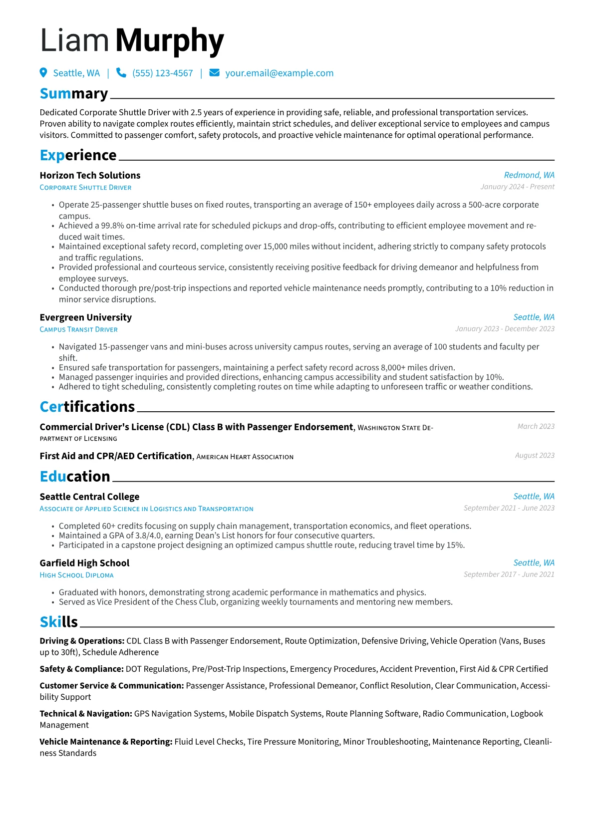 Transit Driver resume example, Corporate Shuttle Driver, page 1