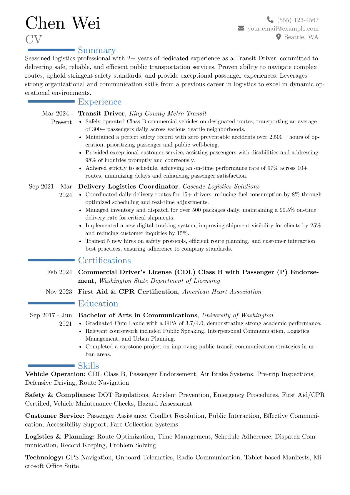 Transit Driver resume example, Career changer, page 1